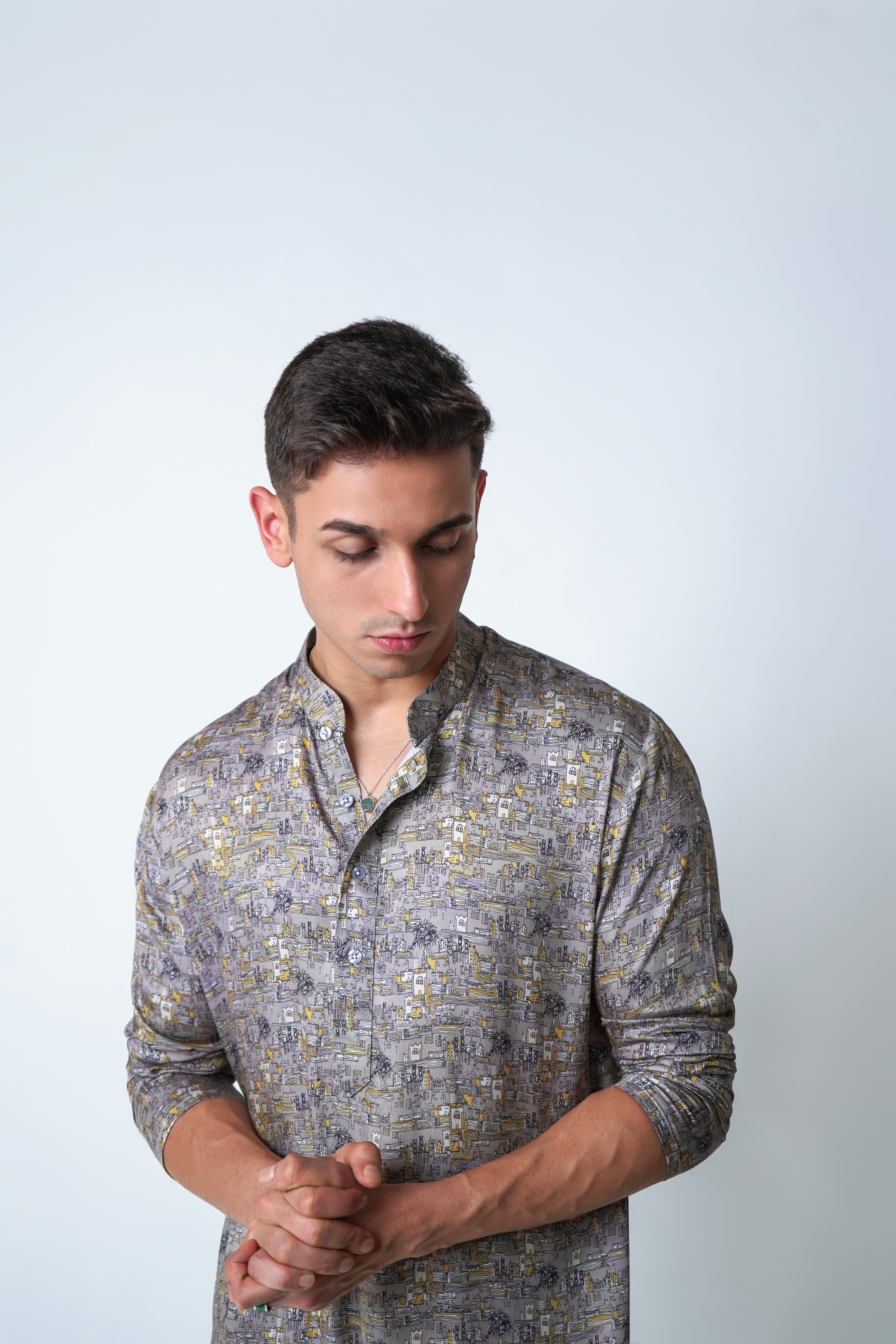 Sheher Kurta - Grey and Yellow tencel printed kurta set