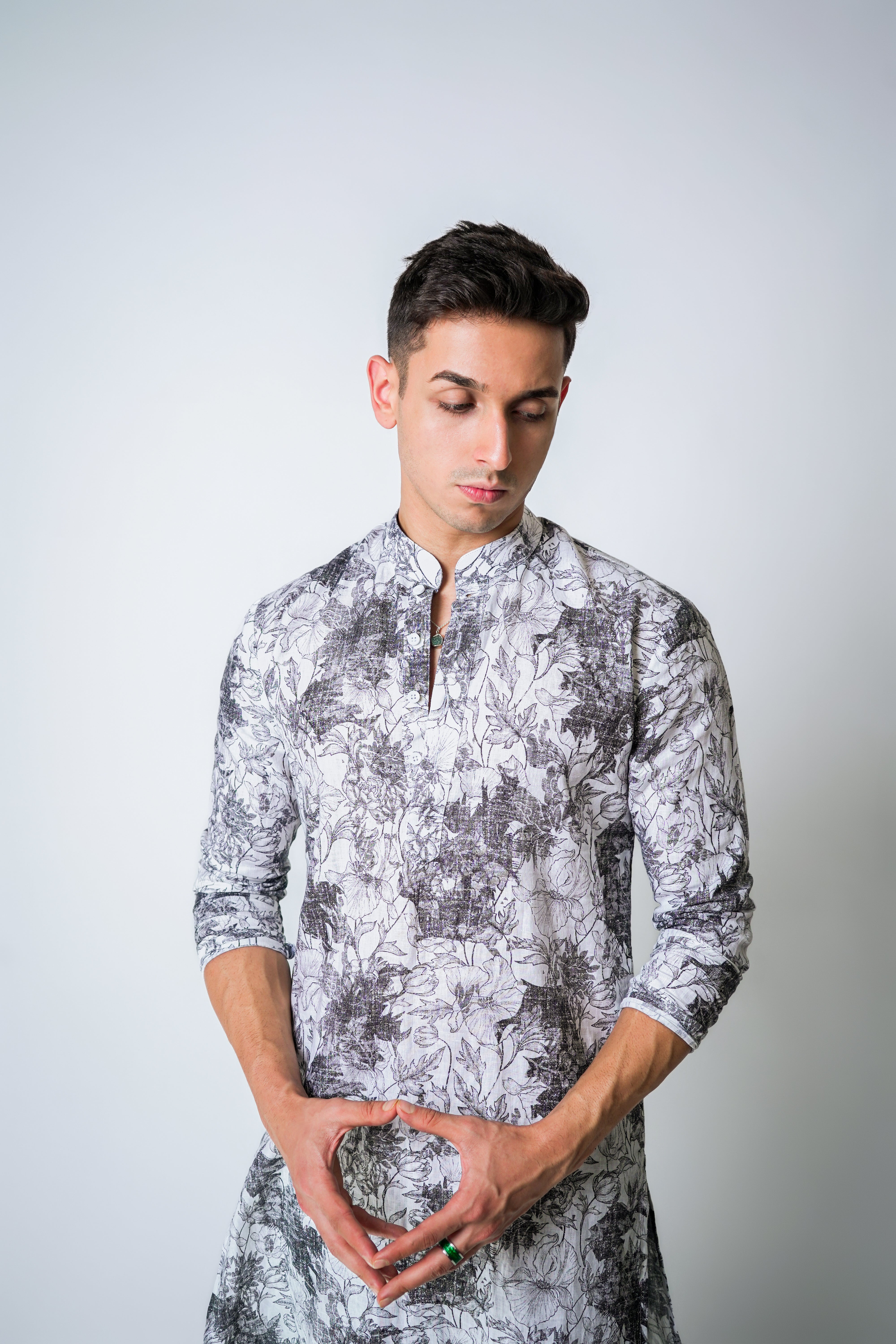 Black and White Printed Linen kurta set