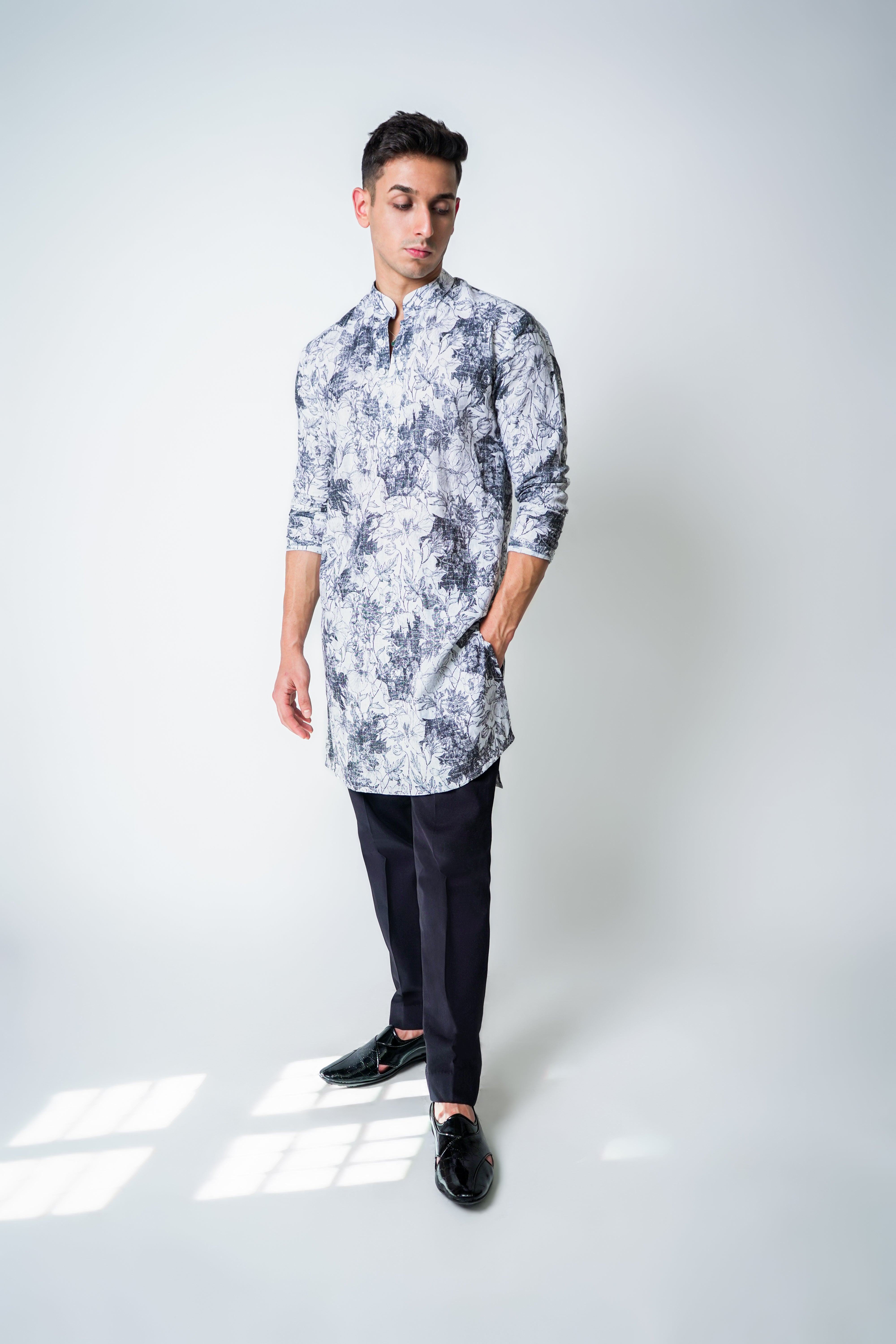 Black and White Printed Linen kurta set