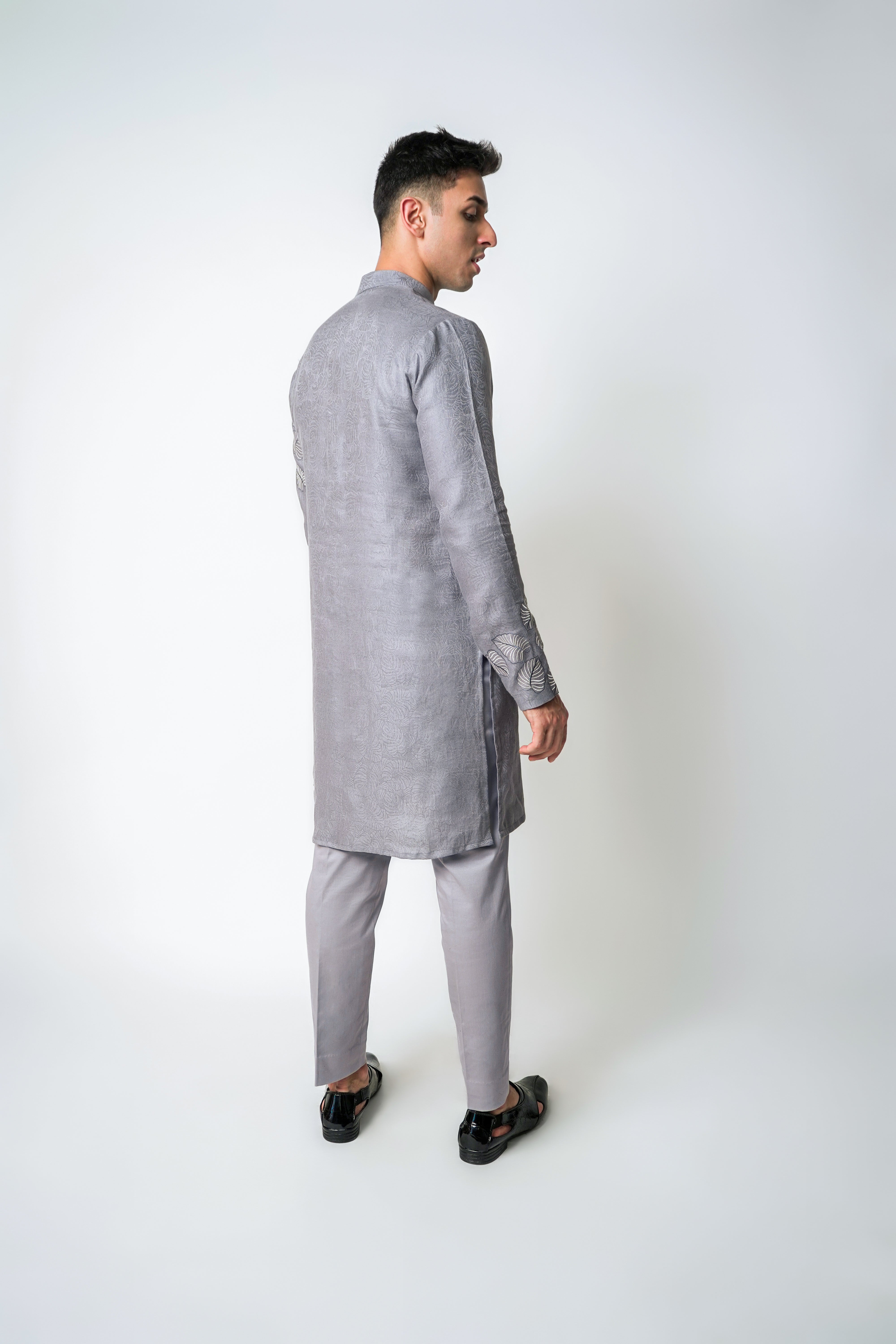 Grey Printed Linen with cotton embroidery kurta set