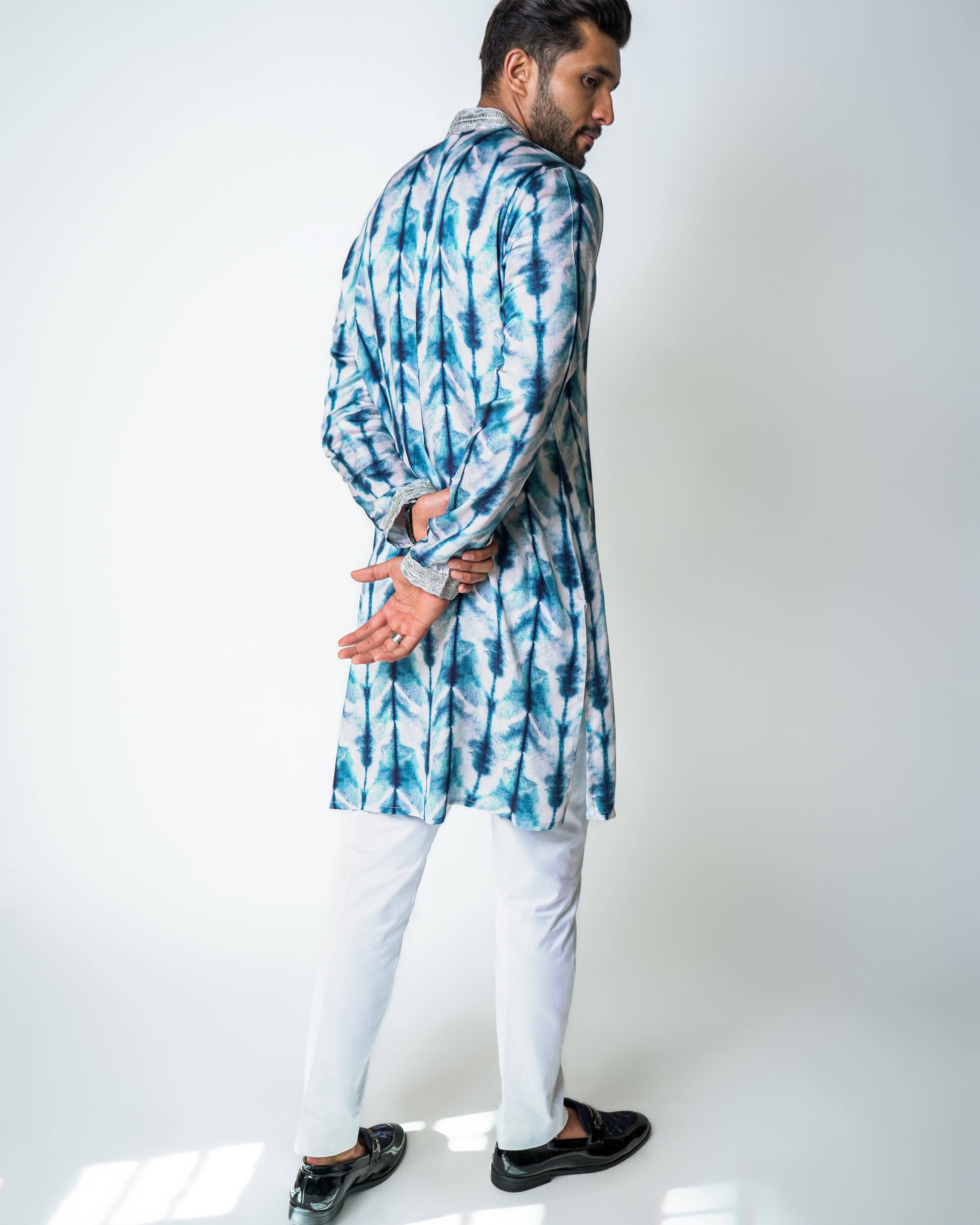 White and blue printed tencel kurta set with Silver Lace detailing