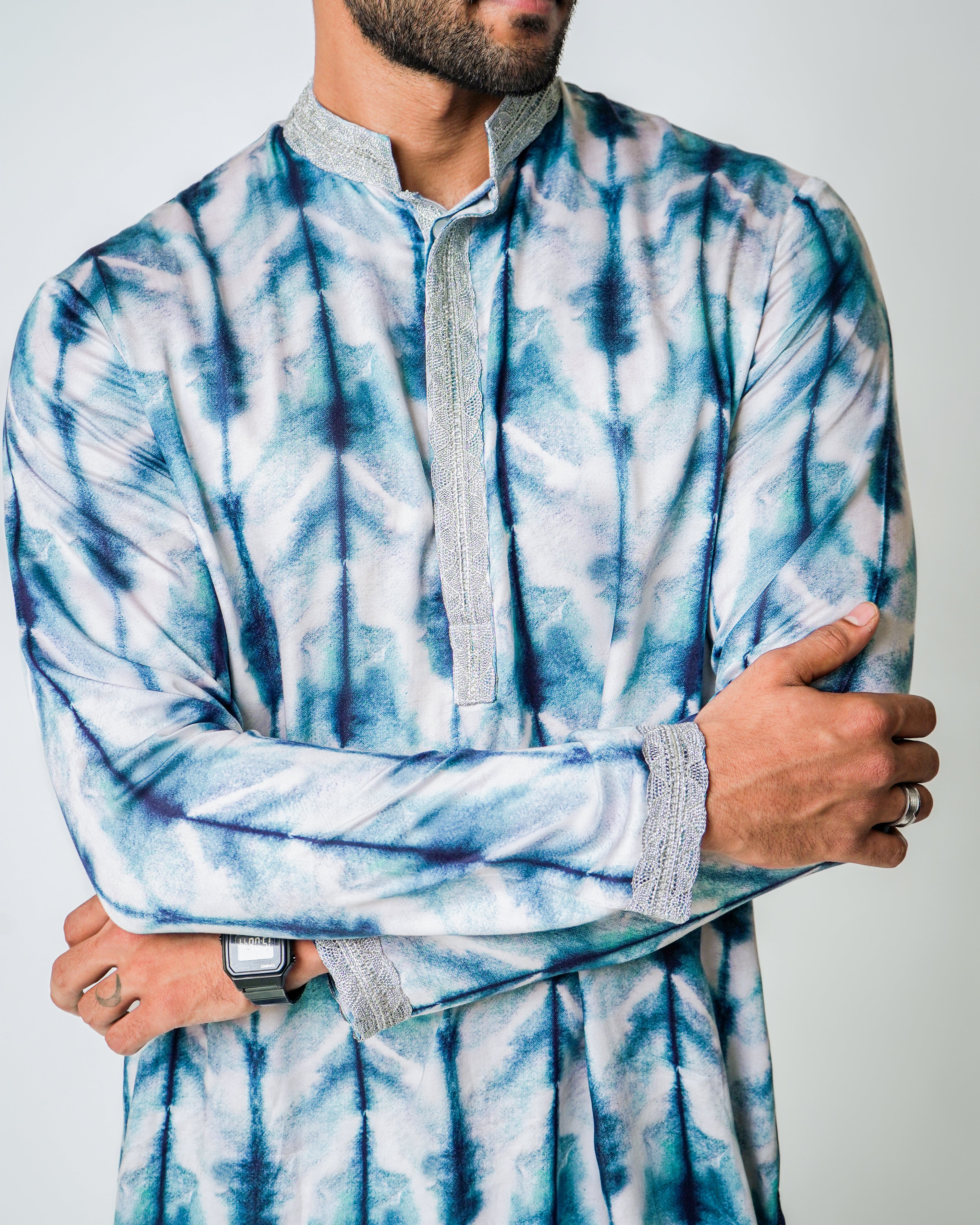 White and blue printed tencel kurta set with Silver Lace detailing