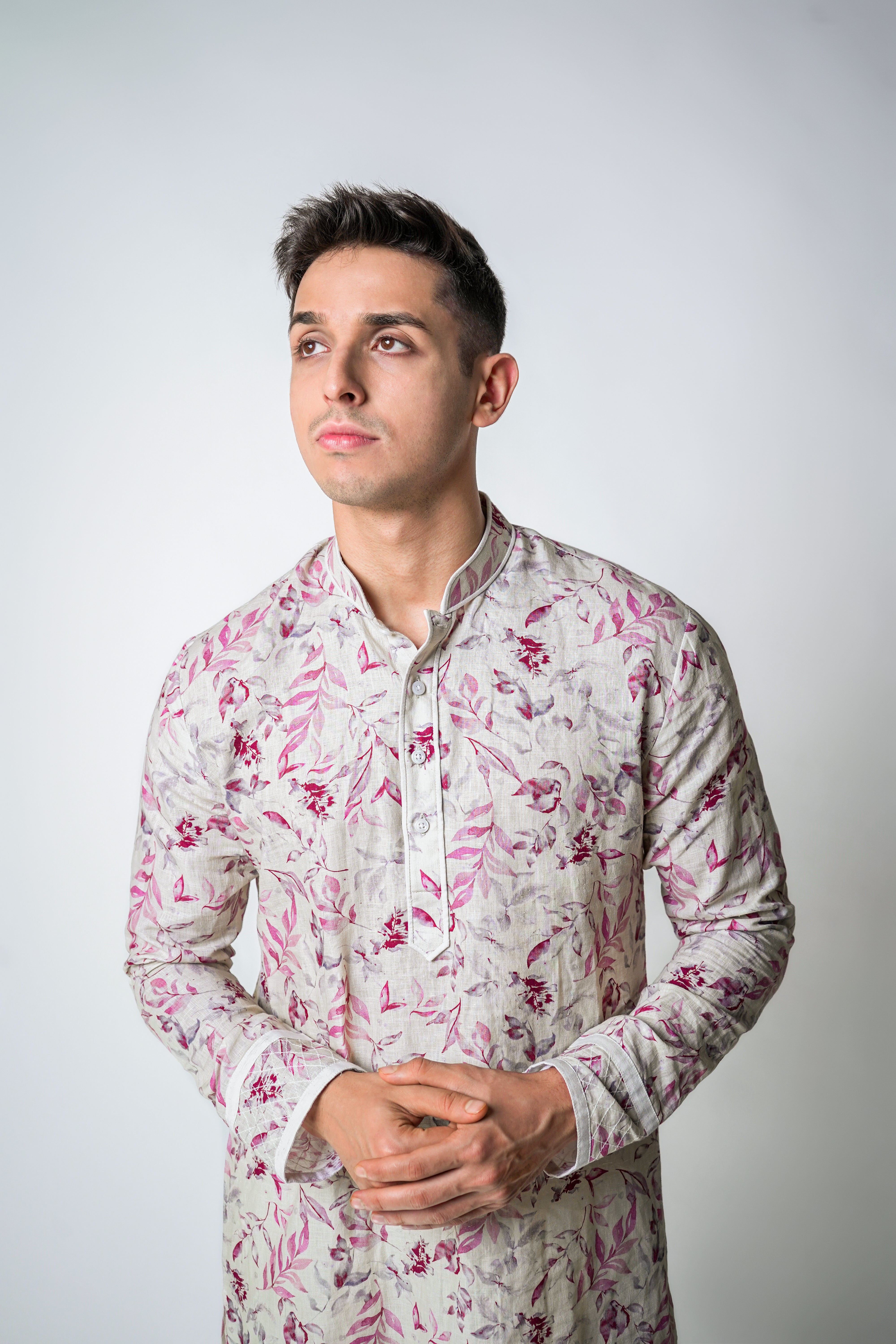 Cream floral printed linen quilted with piping kurta set