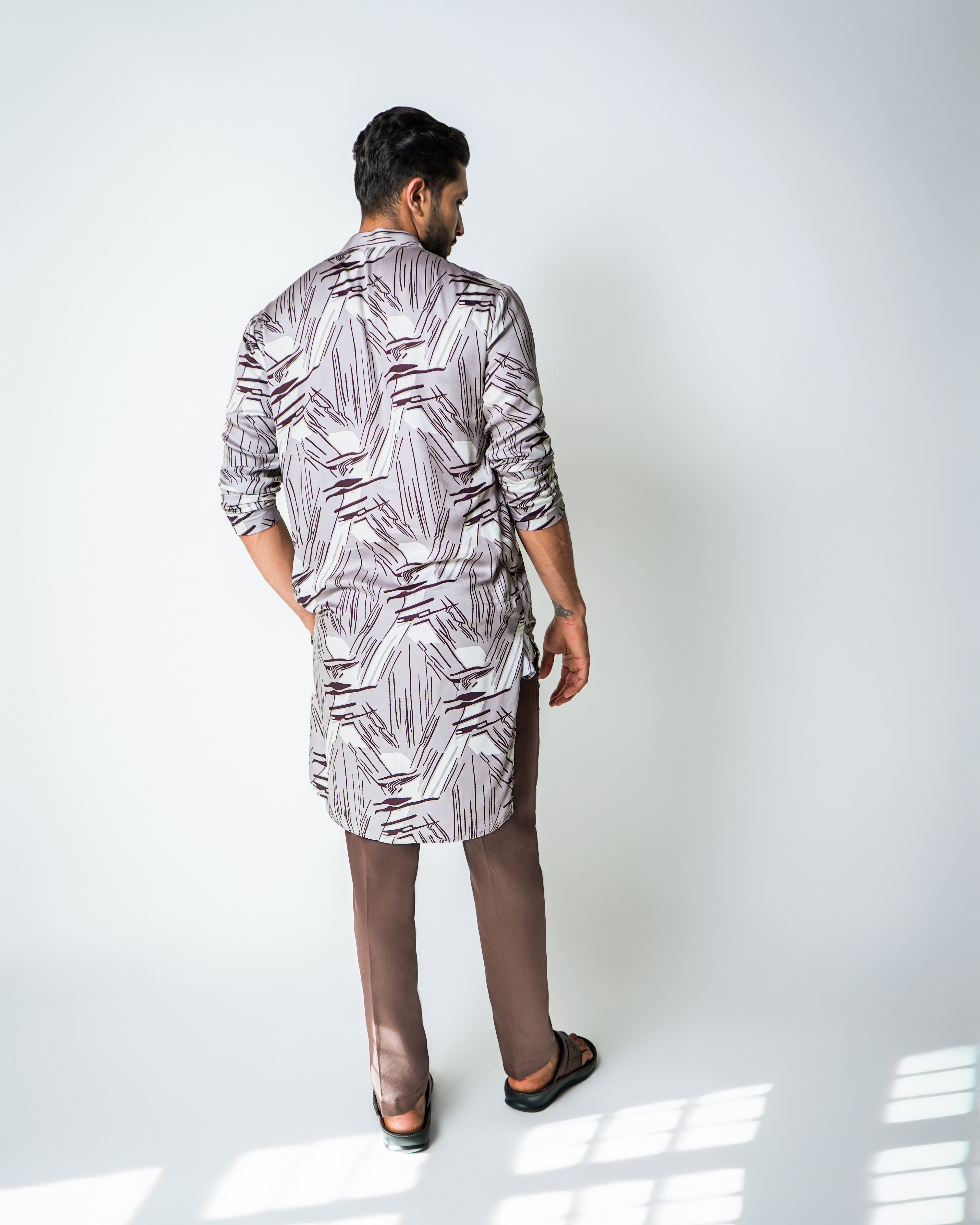 Brown and cream tencel printed kurta set