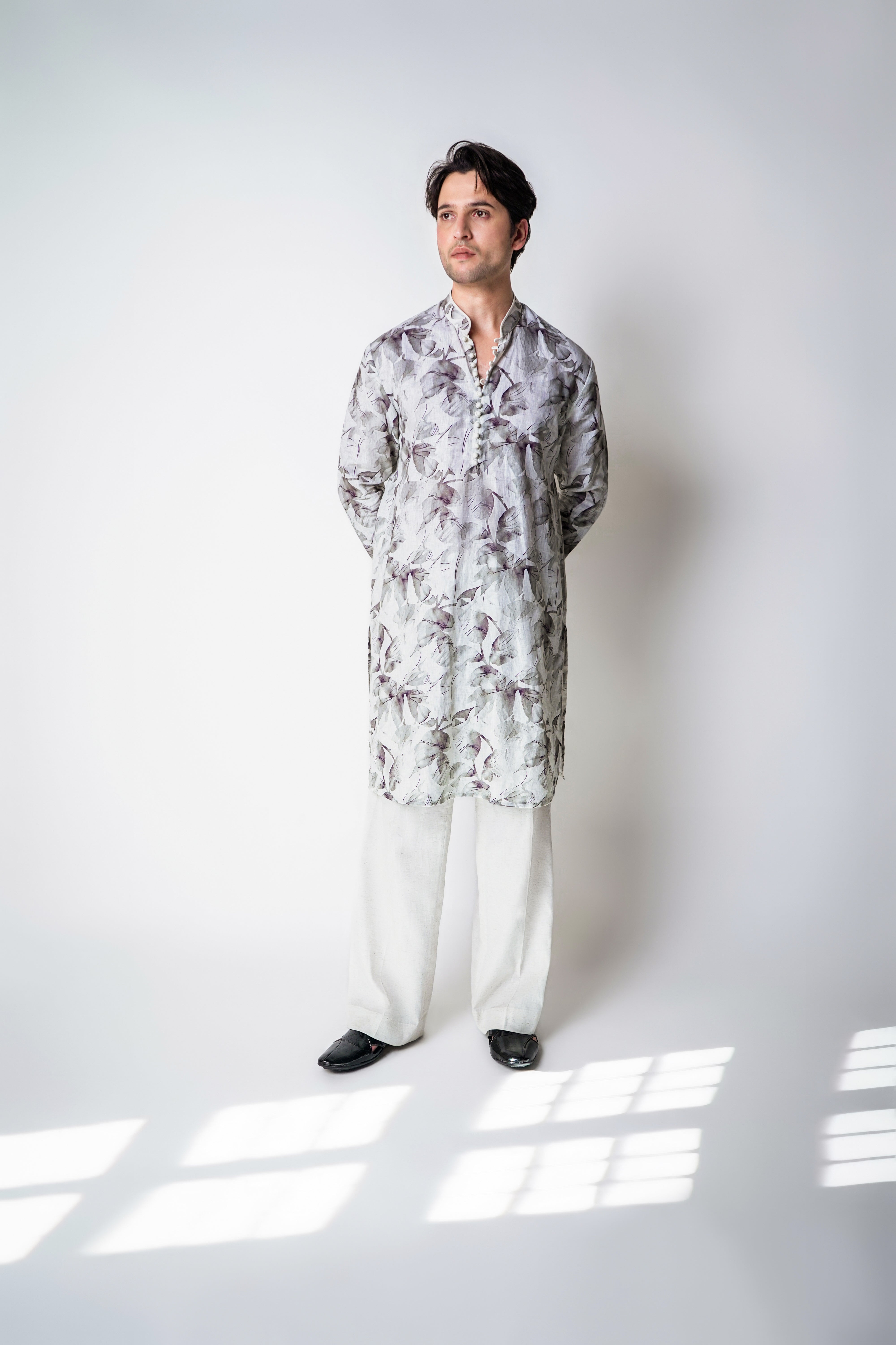 Cream and grey floral printed linen with piping kurta set