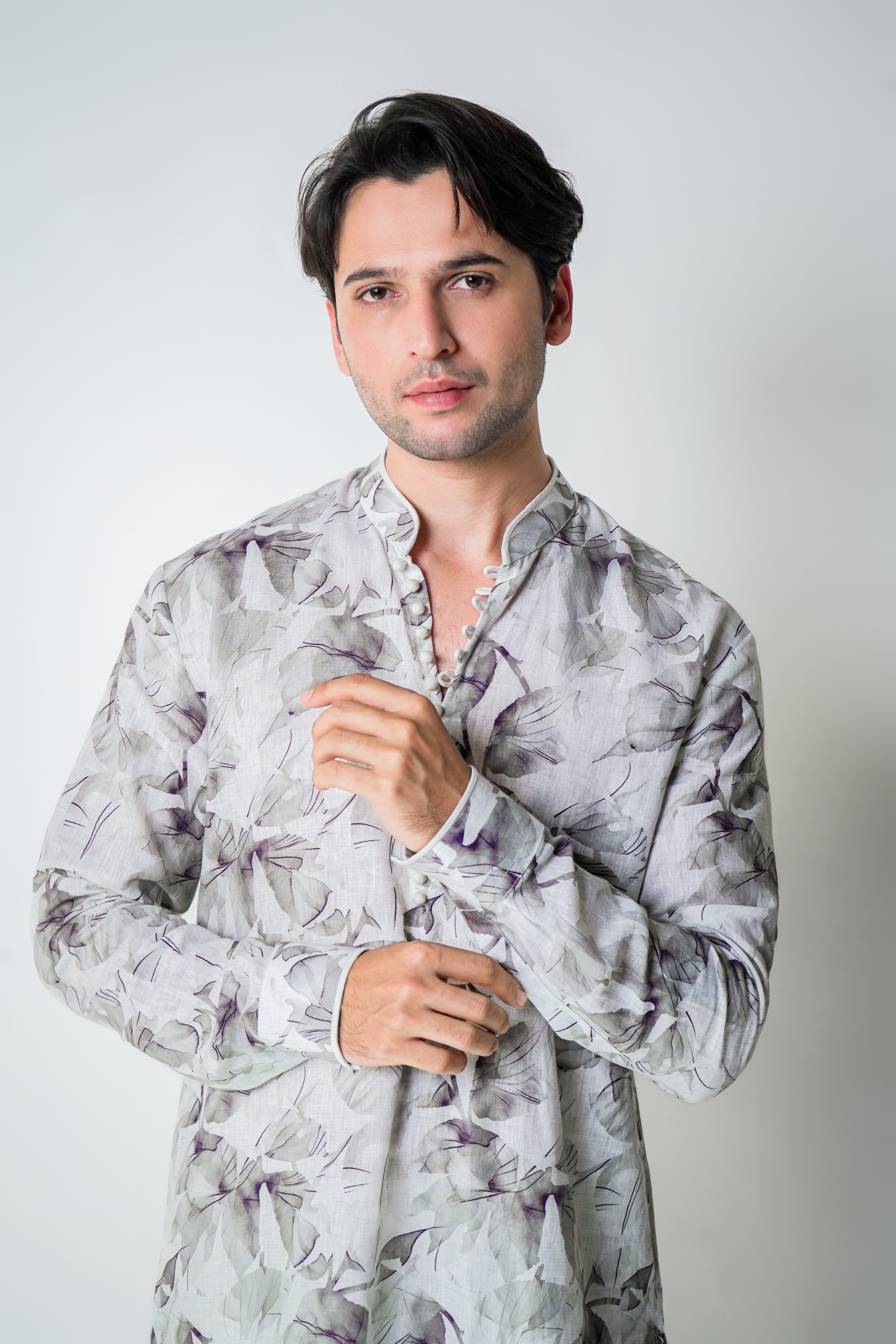 Cream and grey floral printed linen with piping kurta set