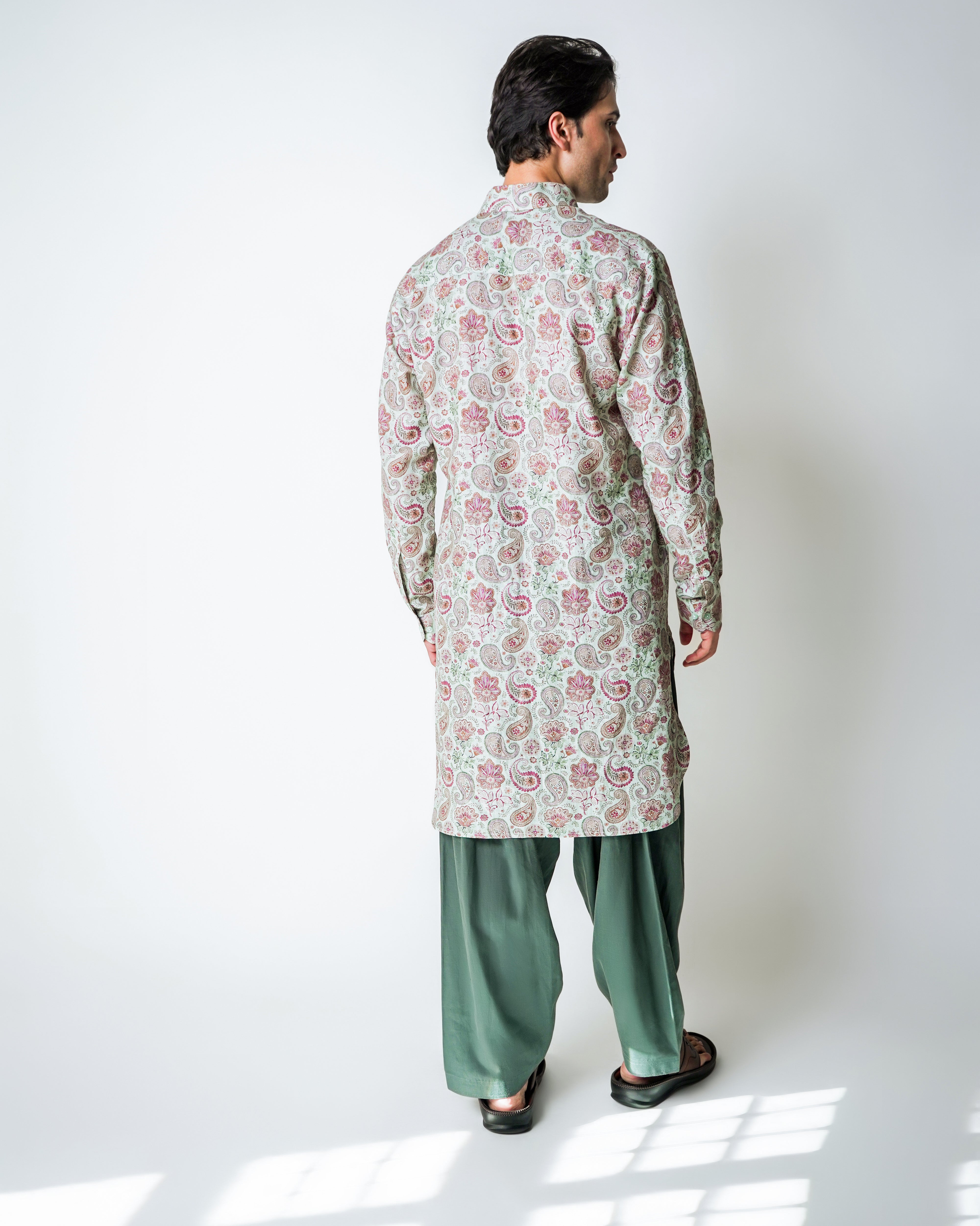 Light green Linen pink floral printed kurta set