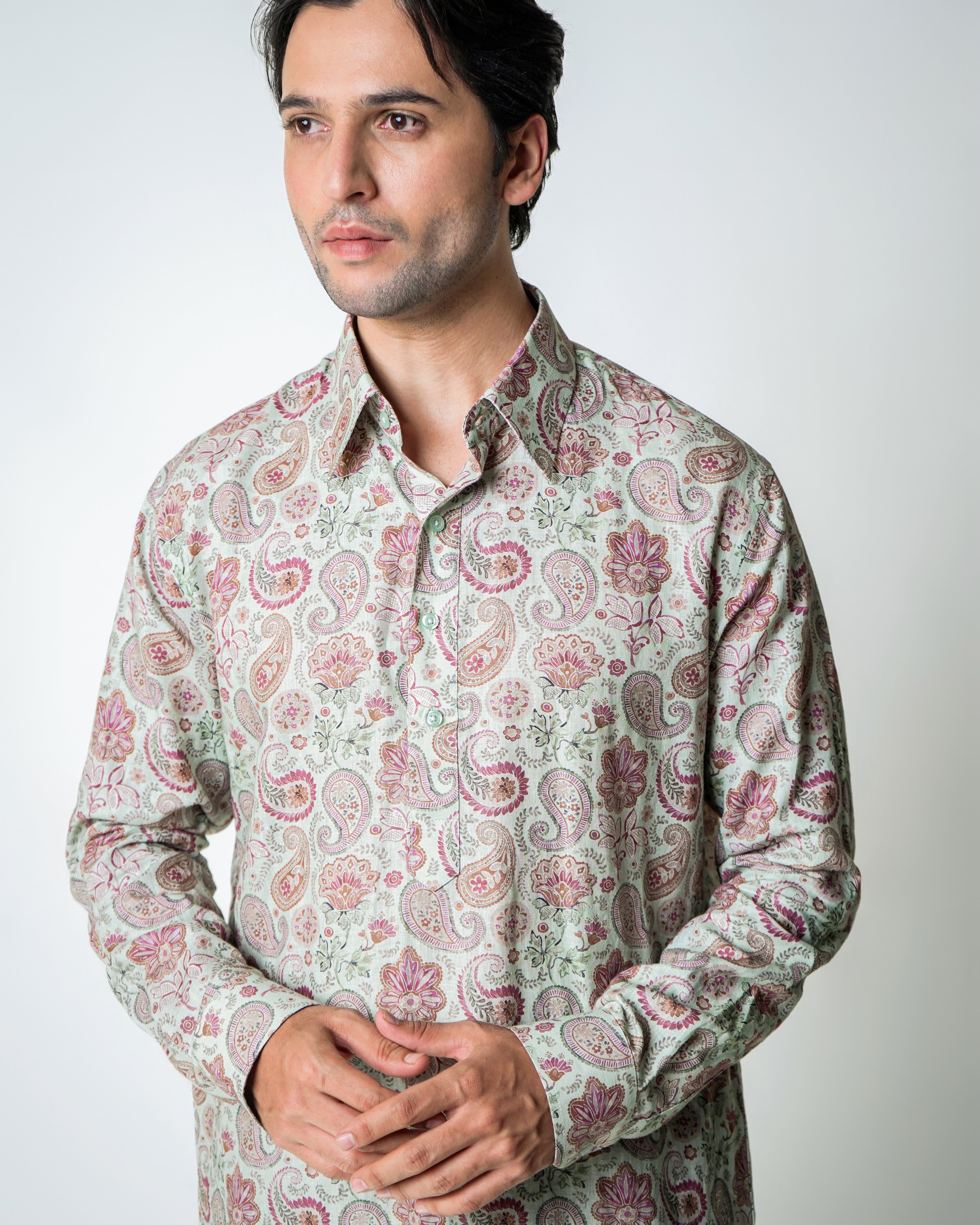 Light green Linen pink floral printed kurta set