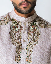 Beige Printed Linen with cotton embroidery kurta set