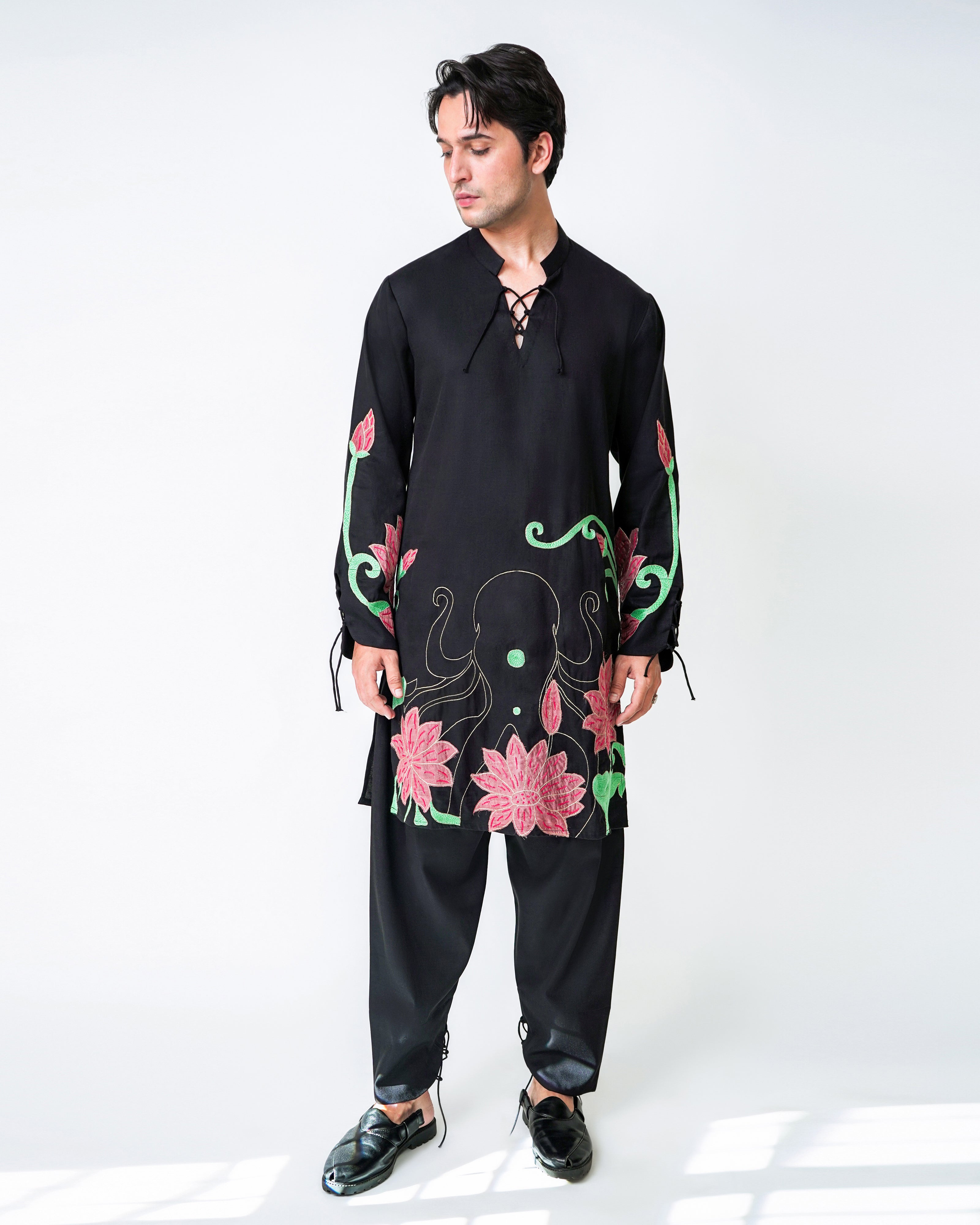 Black Tencel Hand embroidered Kurta set