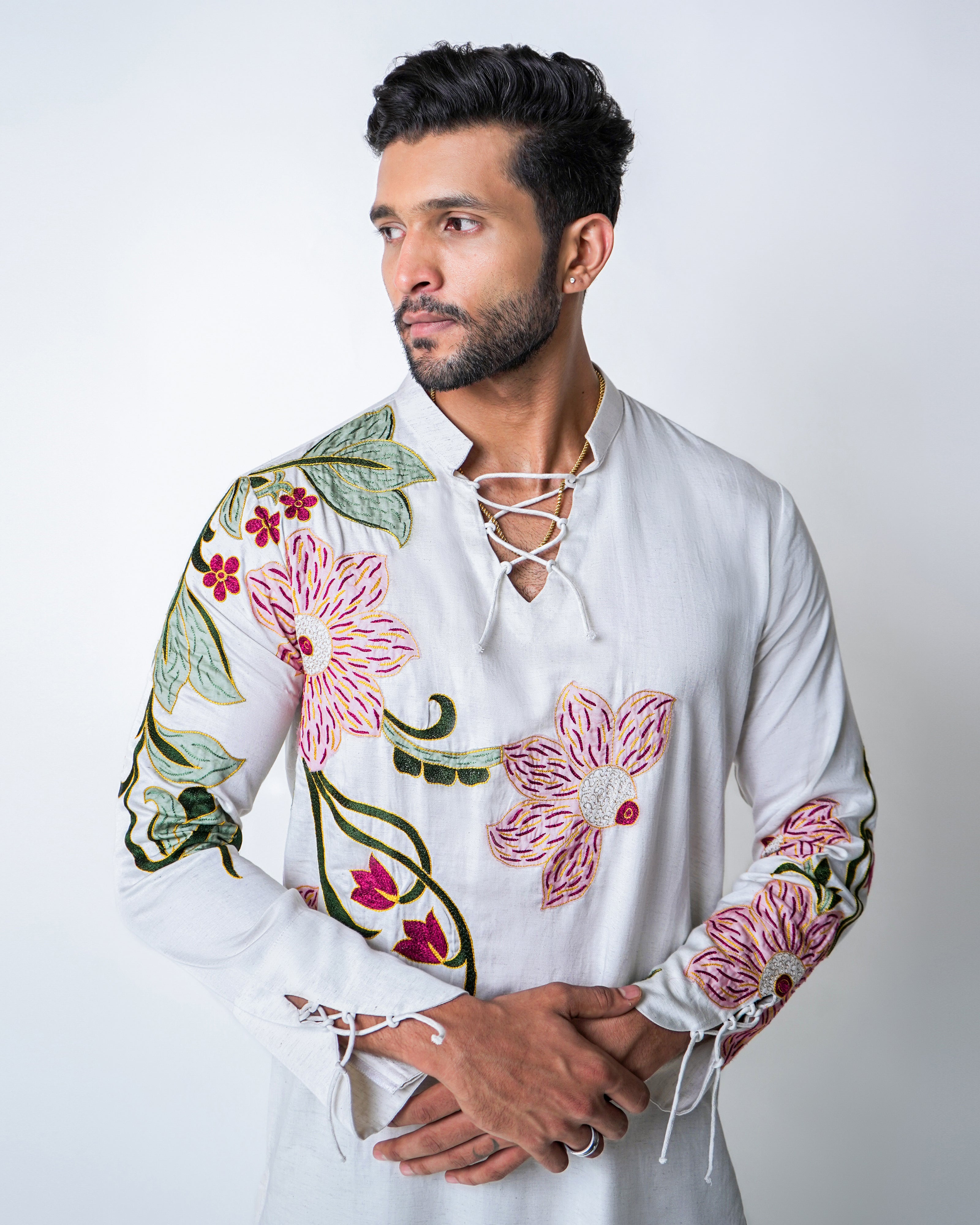 Cream Tencel Hand embroidered Kurta set