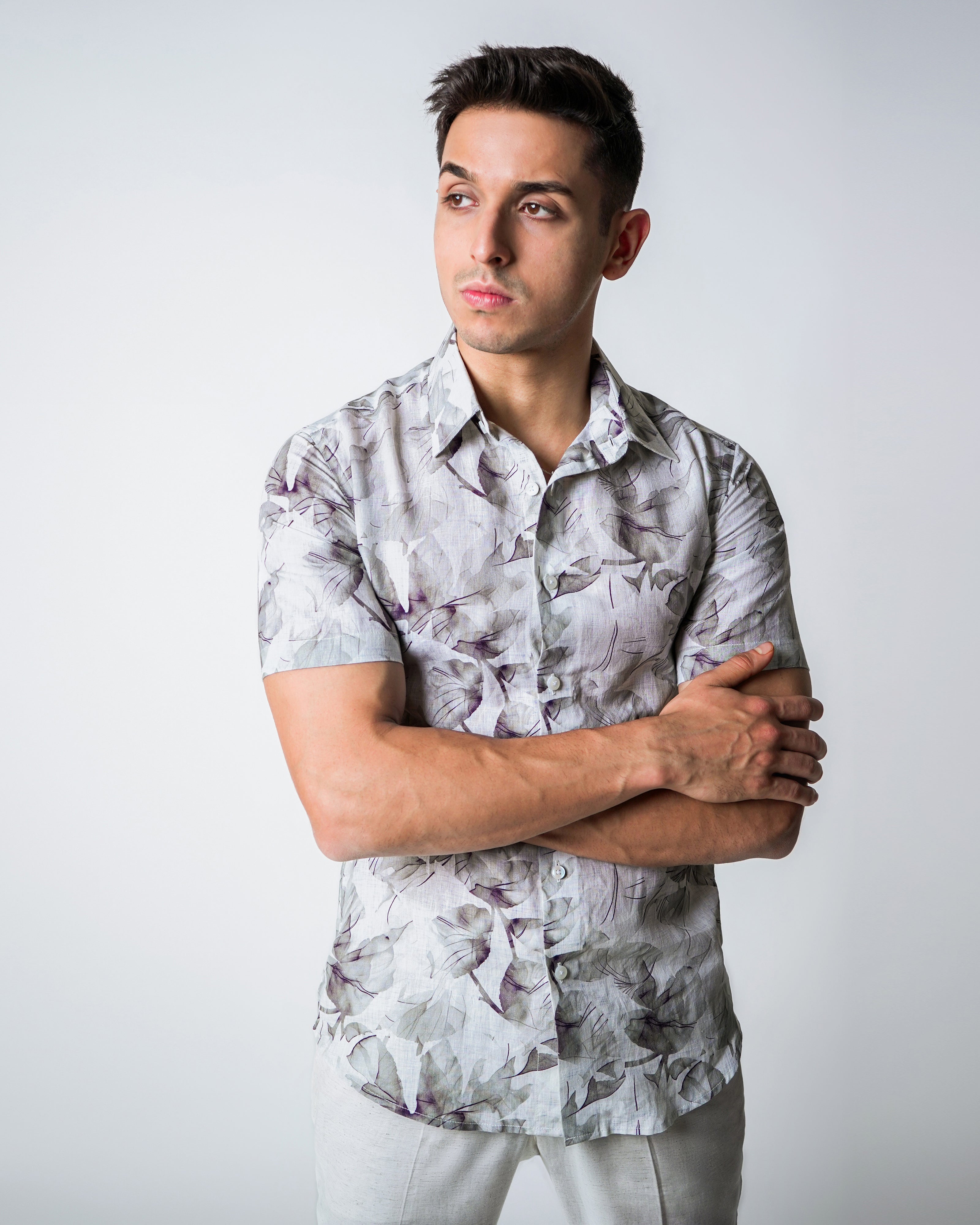 Cream and Grey Linen Floral Printed Shirt