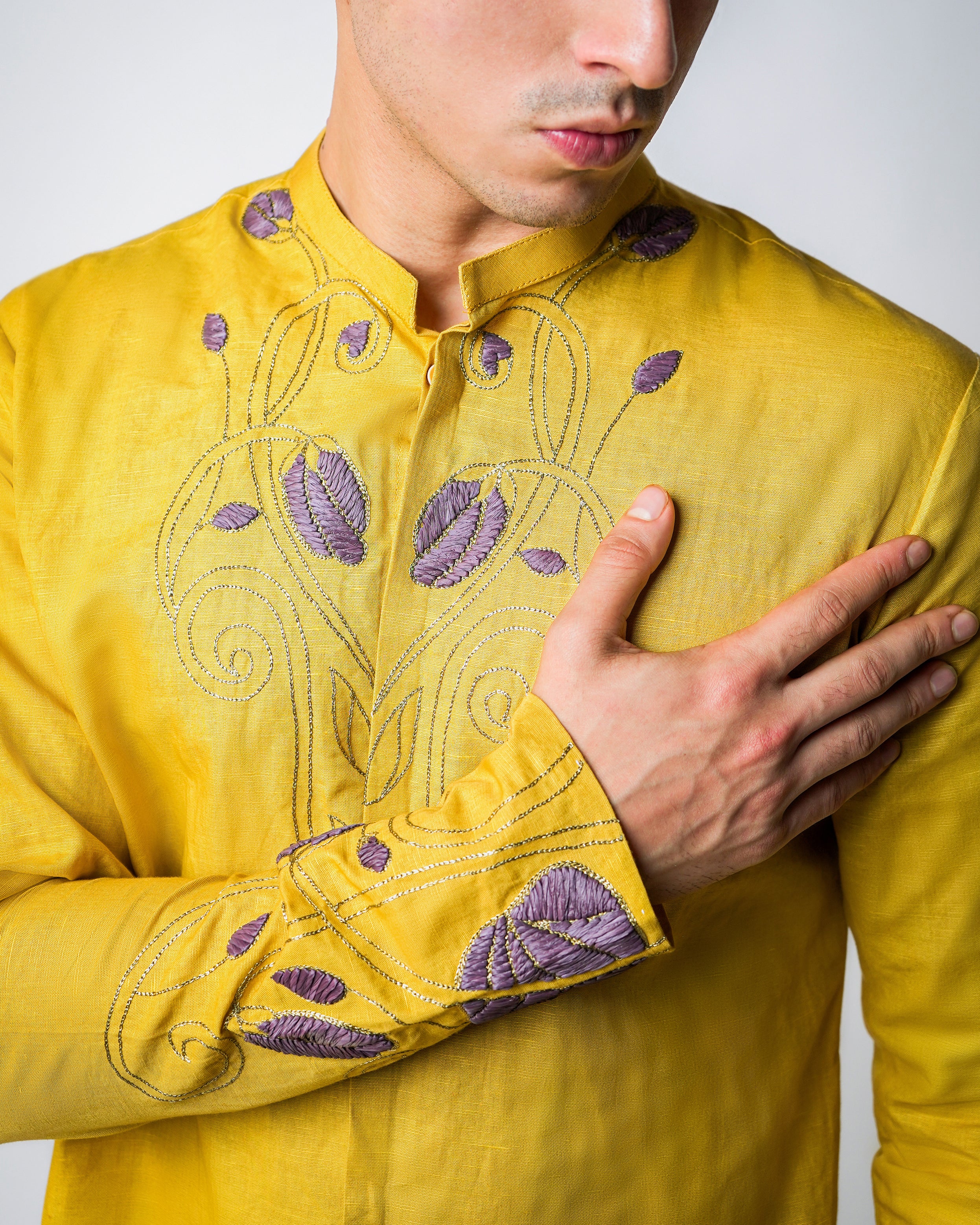 Haldi Yellow Linen with purple 3D Raffia and gold hammered Kasab Handwork kurta set