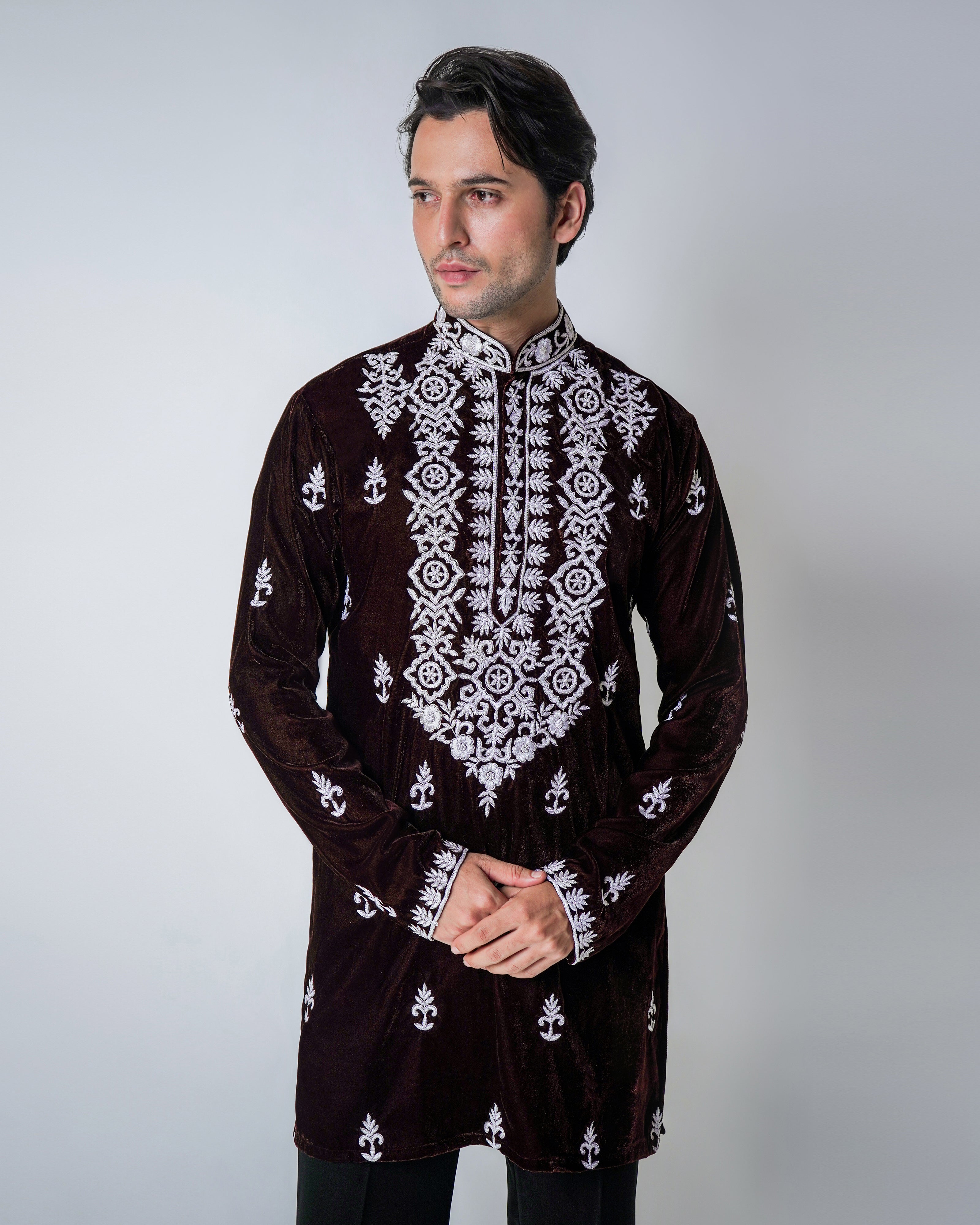 Velvet Labrynth - Dark brown Velvet with Silk Handwork Kurta set