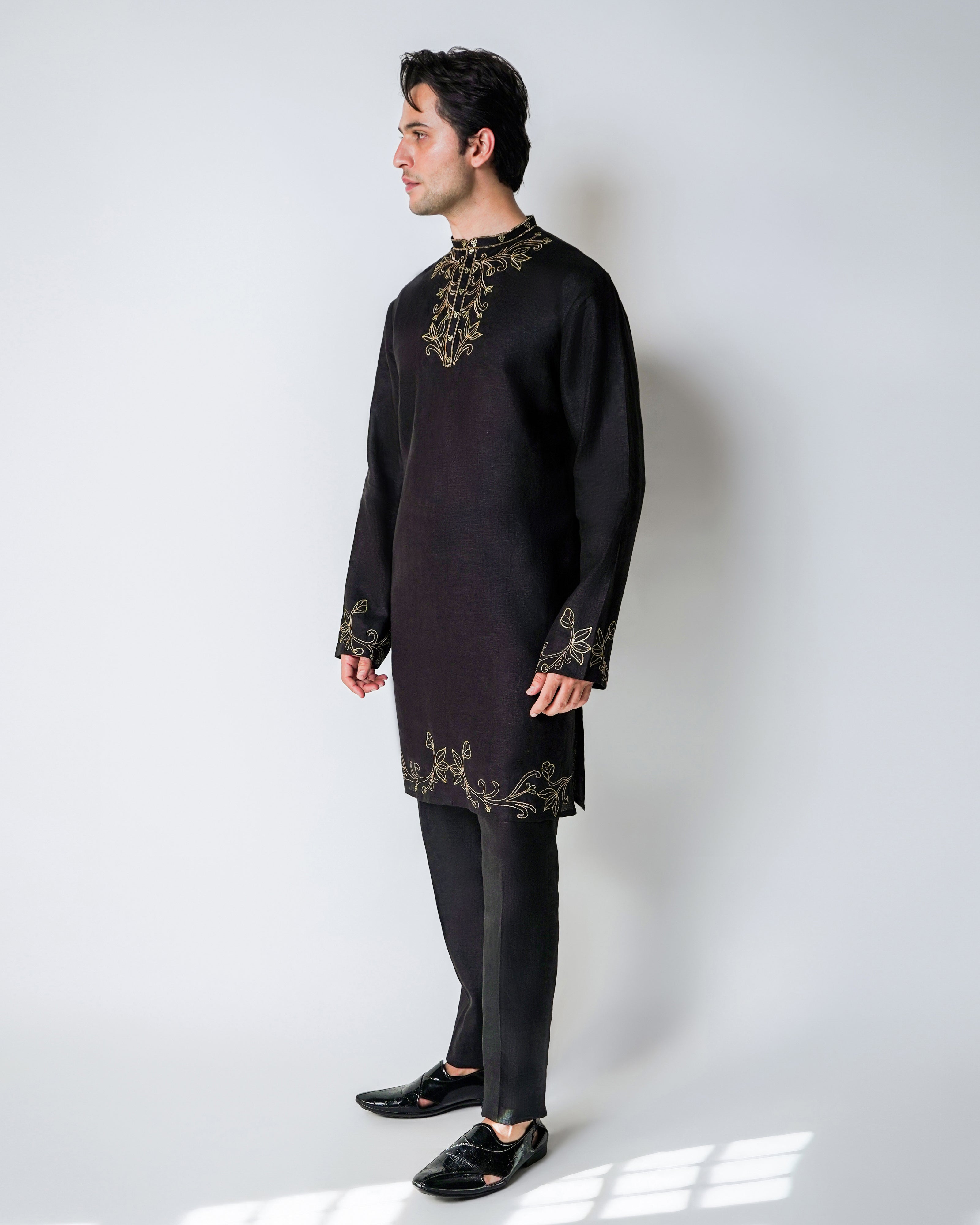 Black Linen Gold Dori Handwork Kurta Set
