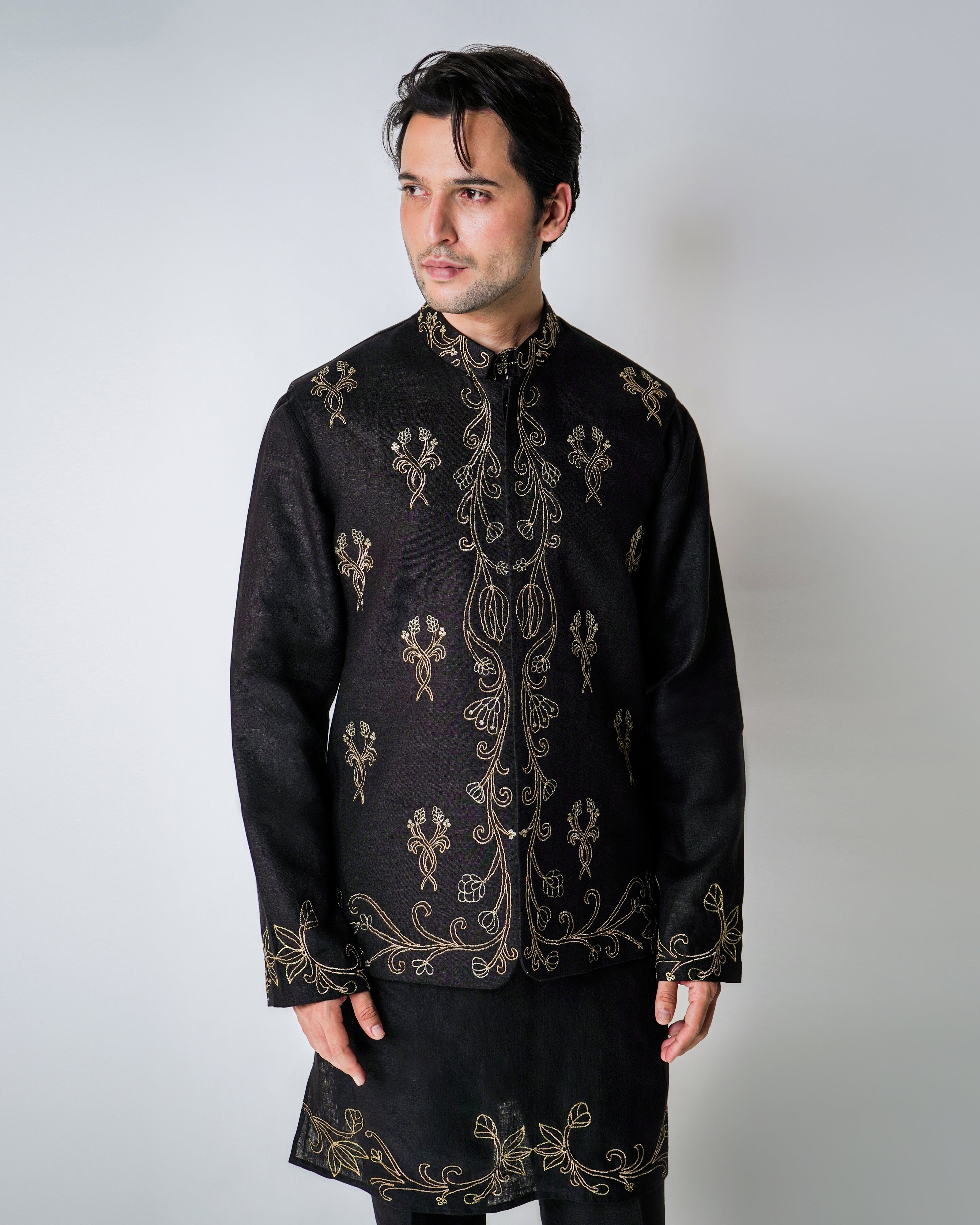 Black and gold Linen with Kasab Dori Handwork bundi set