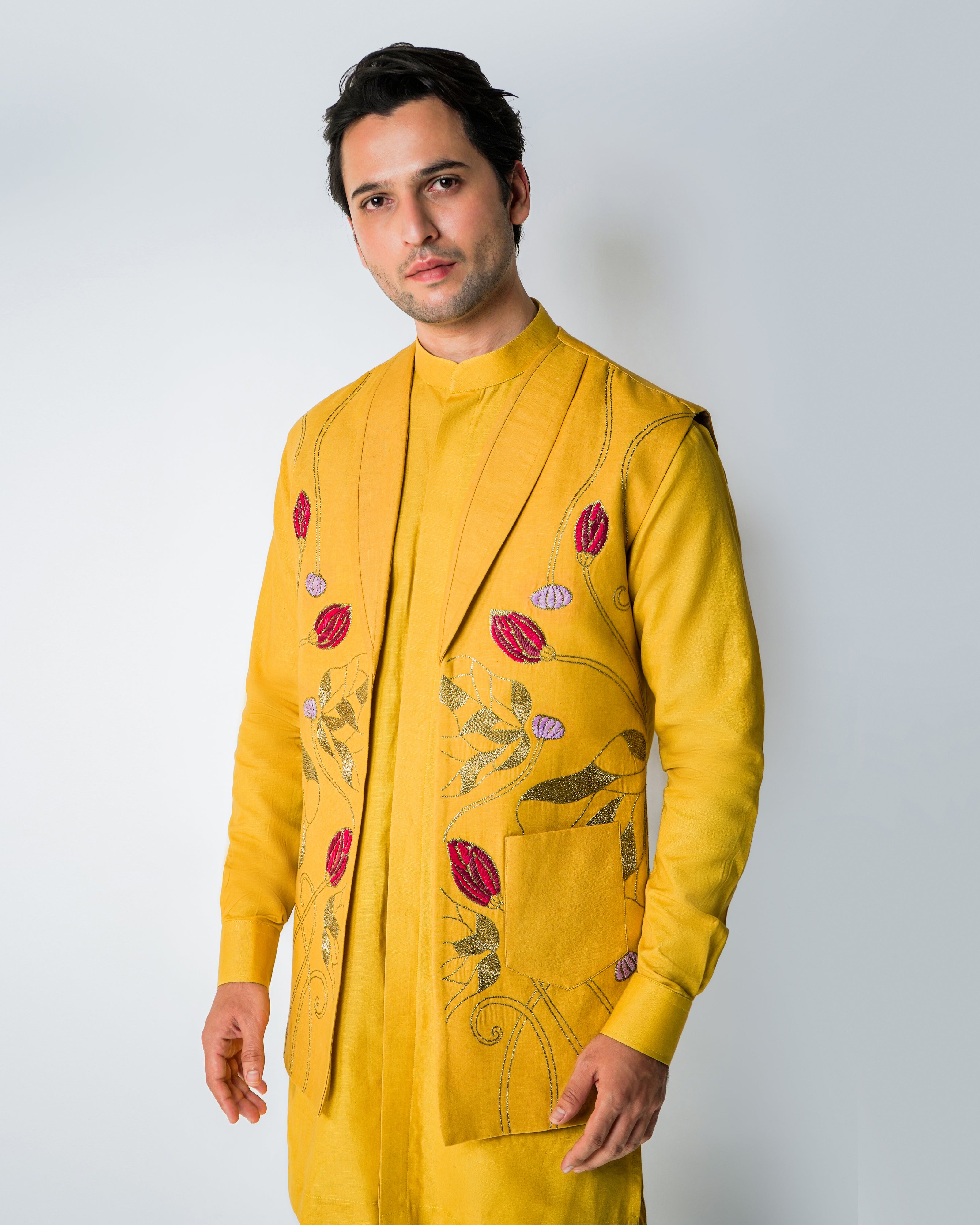 Haldi Yellow Linen with floral 3D Raffia and gold hammered Kasab Handwork open bundi set