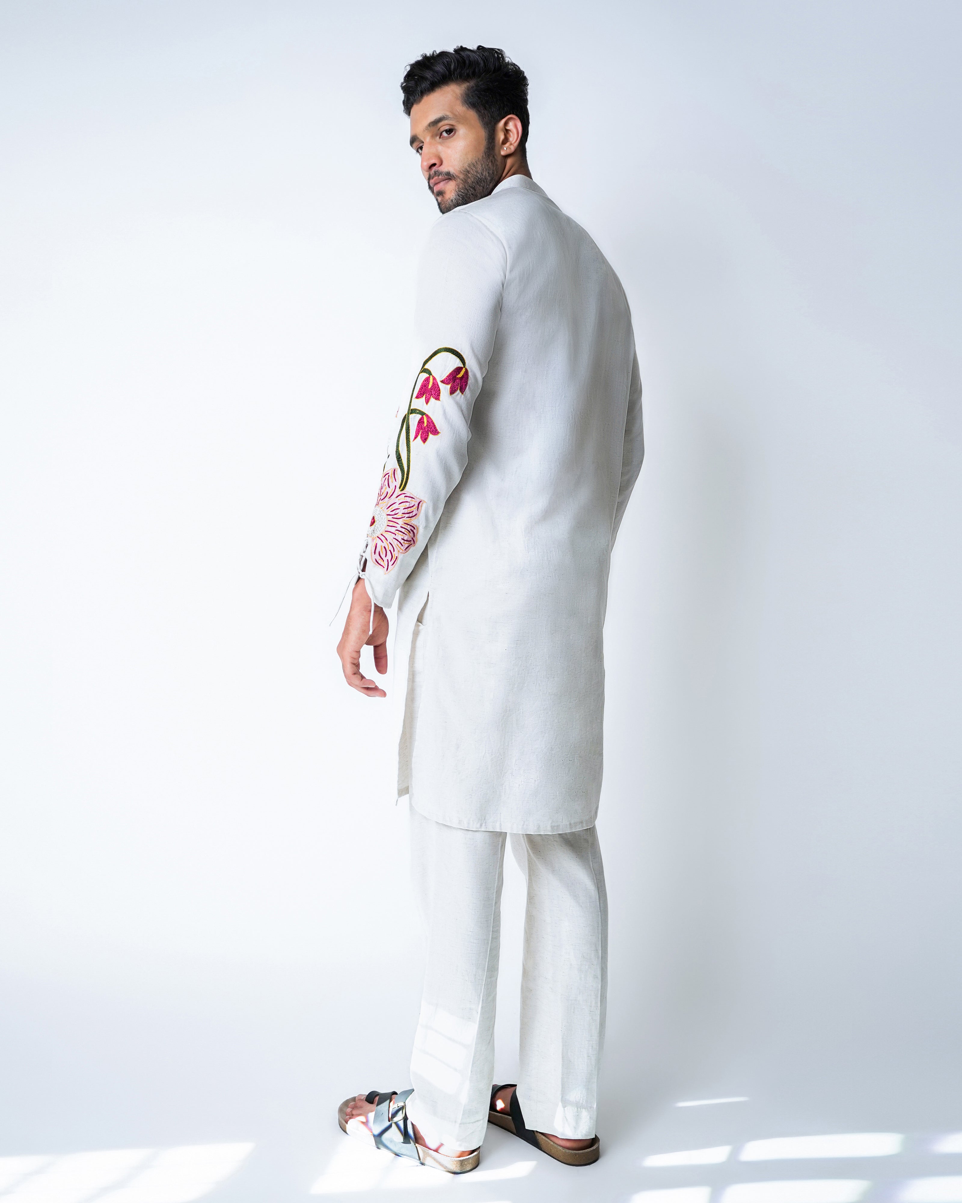 Cream Tencel Hand embroidered Kurta set