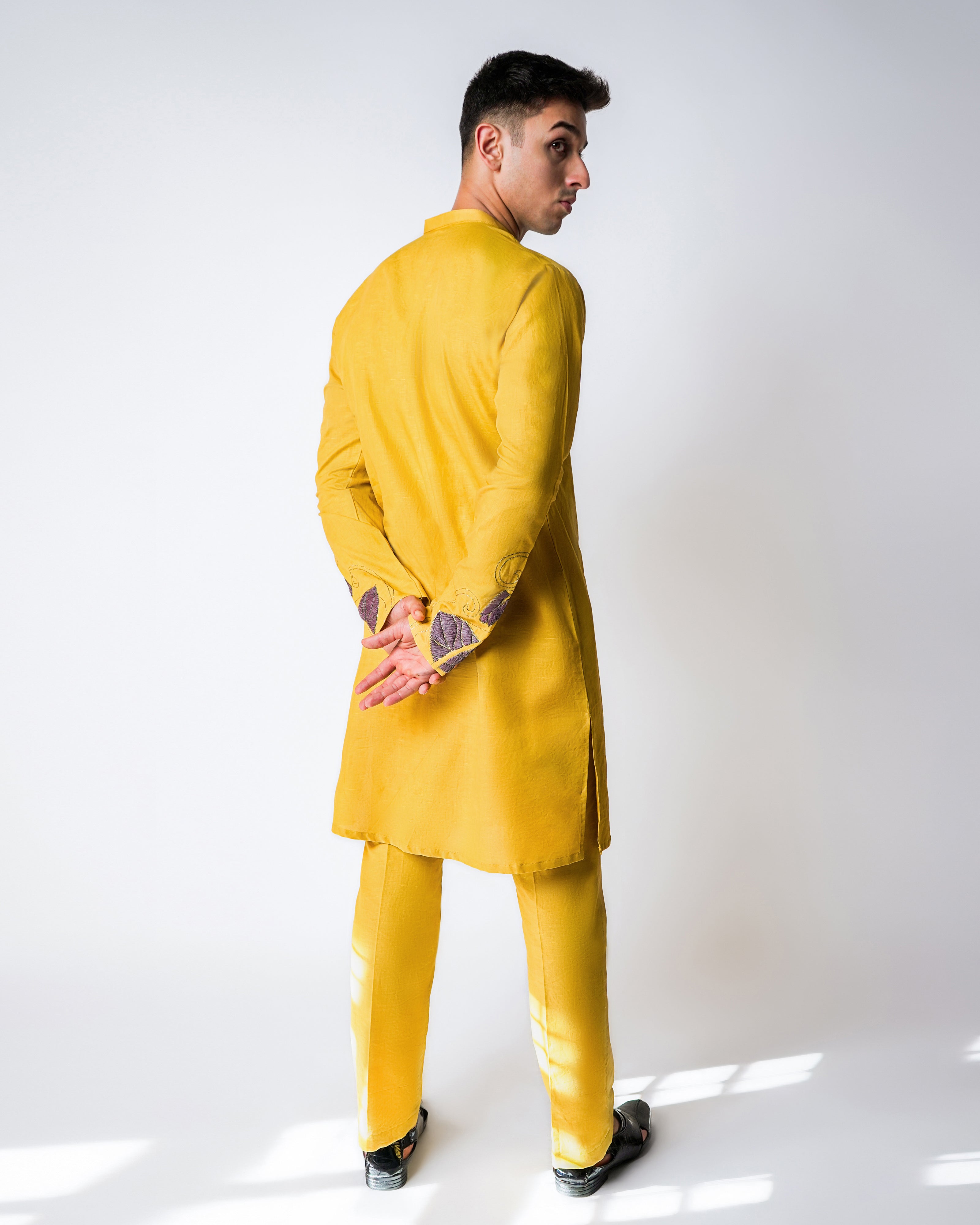 Haldi Yellow Linen with purple 3D Raffia and gold hammered Kasab Handwork kurta set