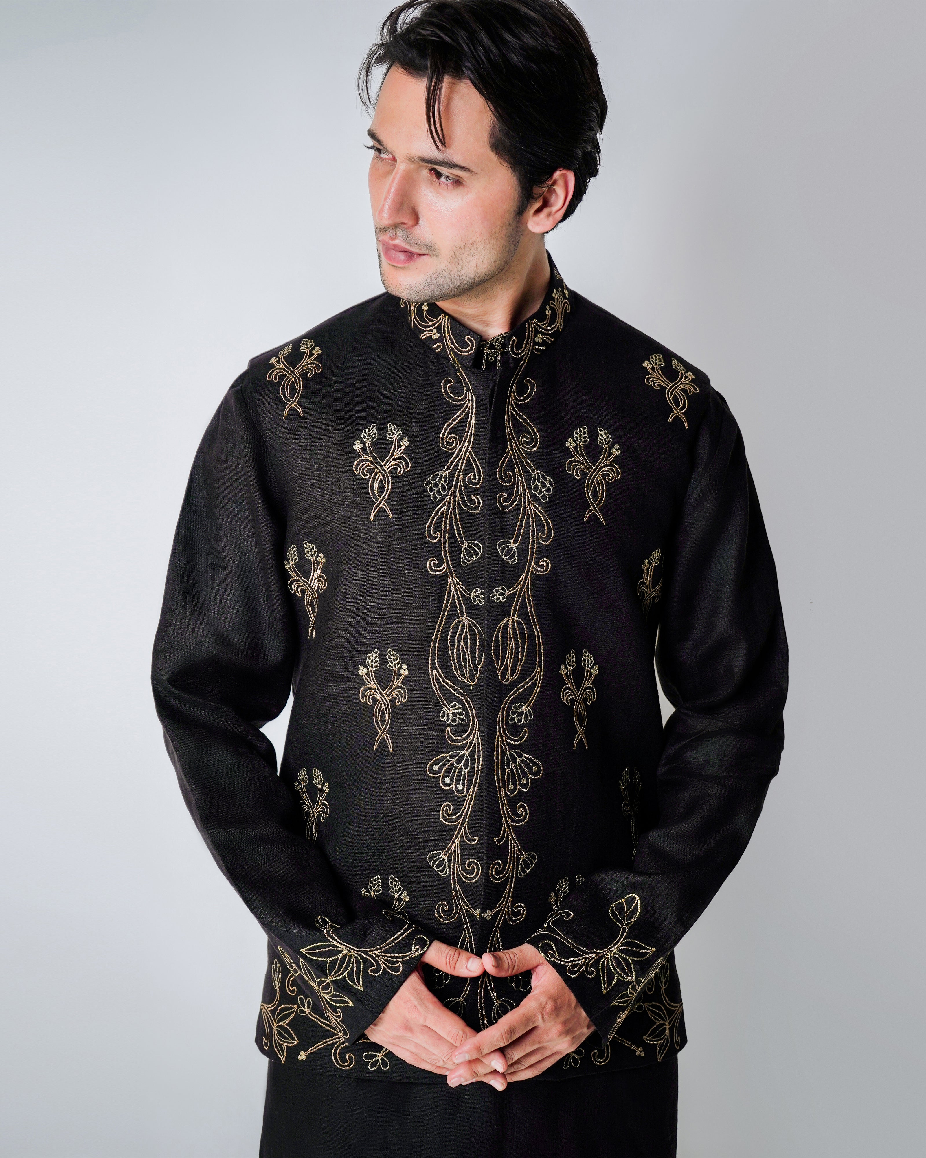 Black and gold Linen with Kasab Dori Handwork bundi set
