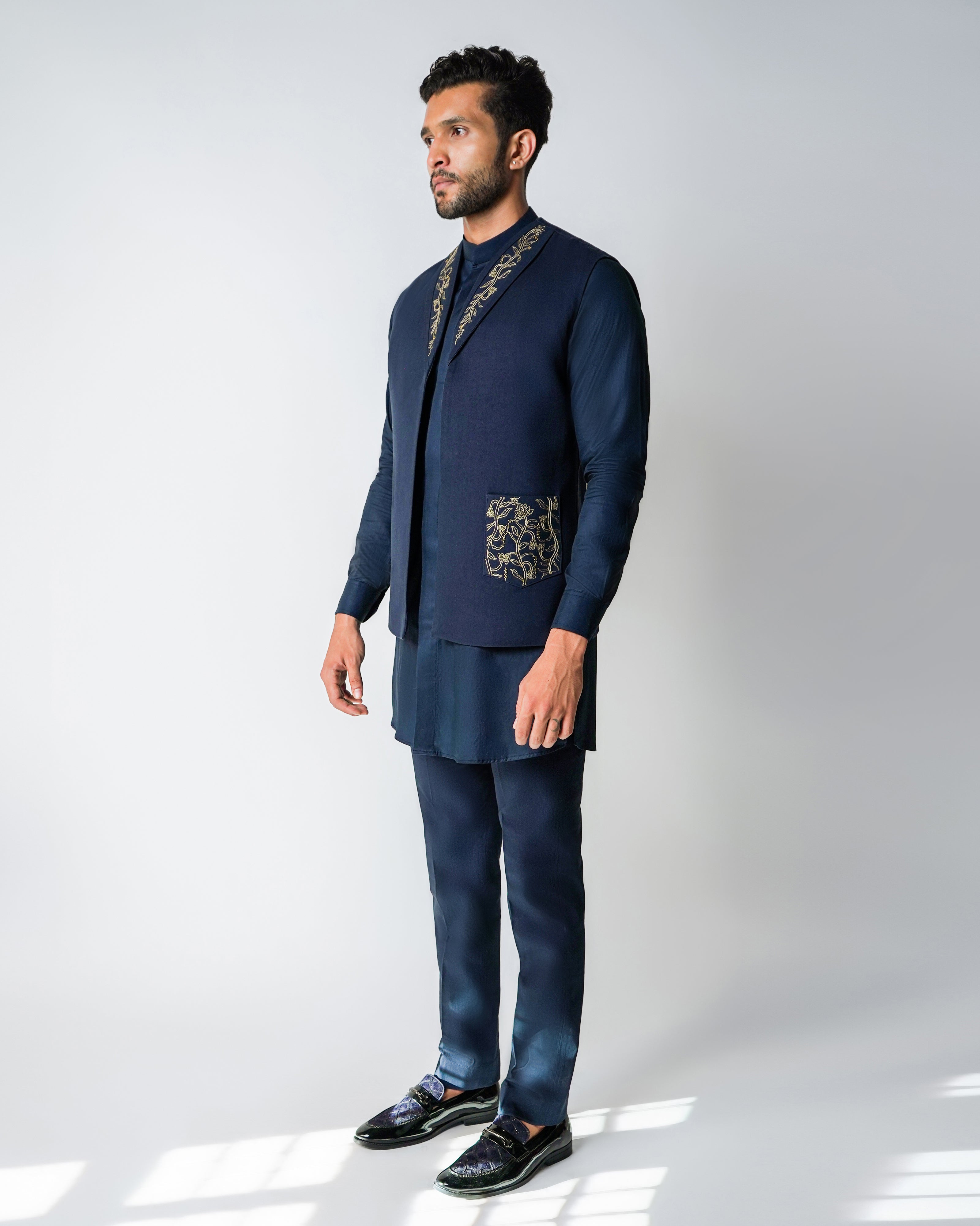 Midnight Sakura - Navy Blue and gold Linen with Kasab Dori Handwork bundi set