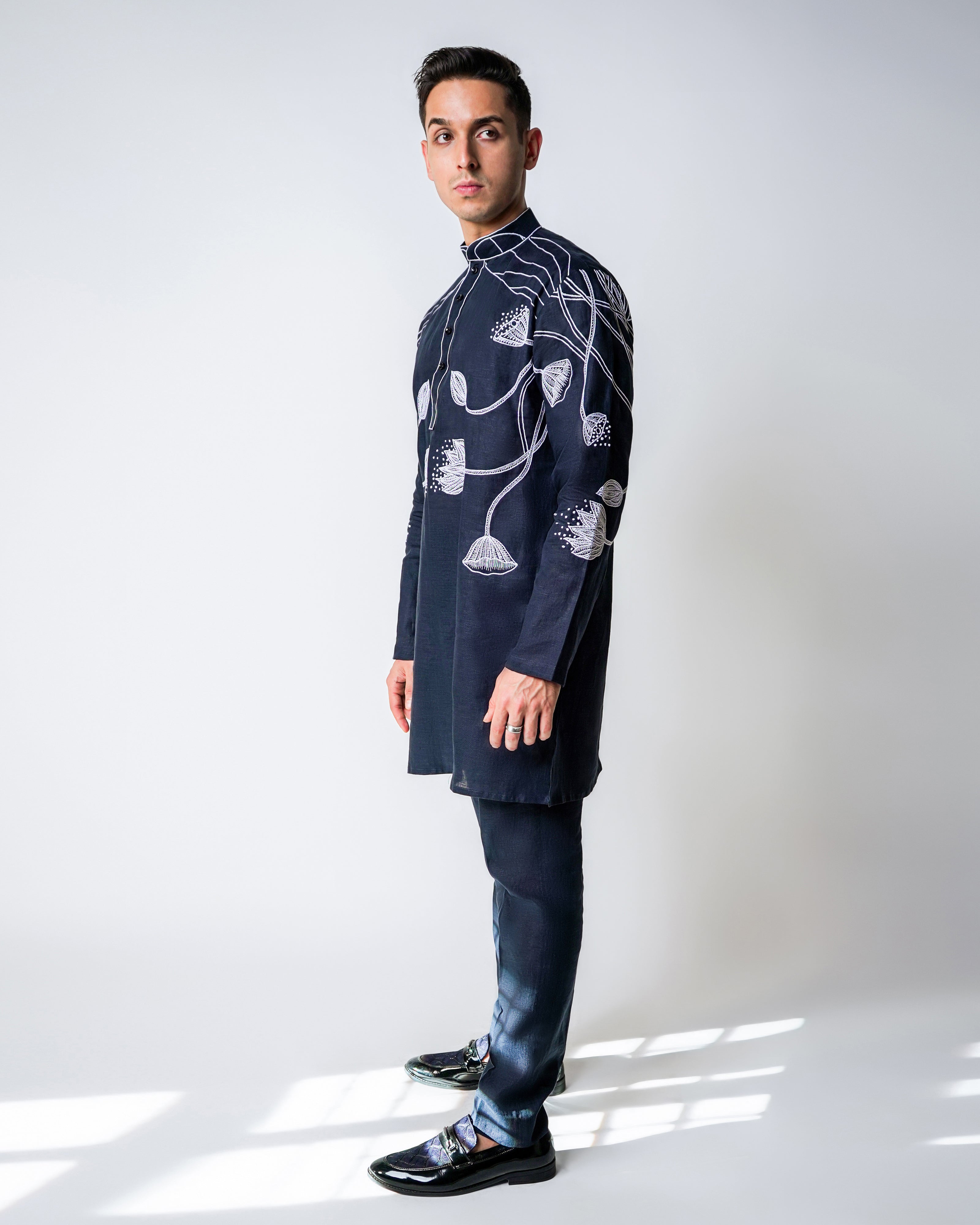 Navy Blue & White Linen Shaded French knot hand embroidery kurta set