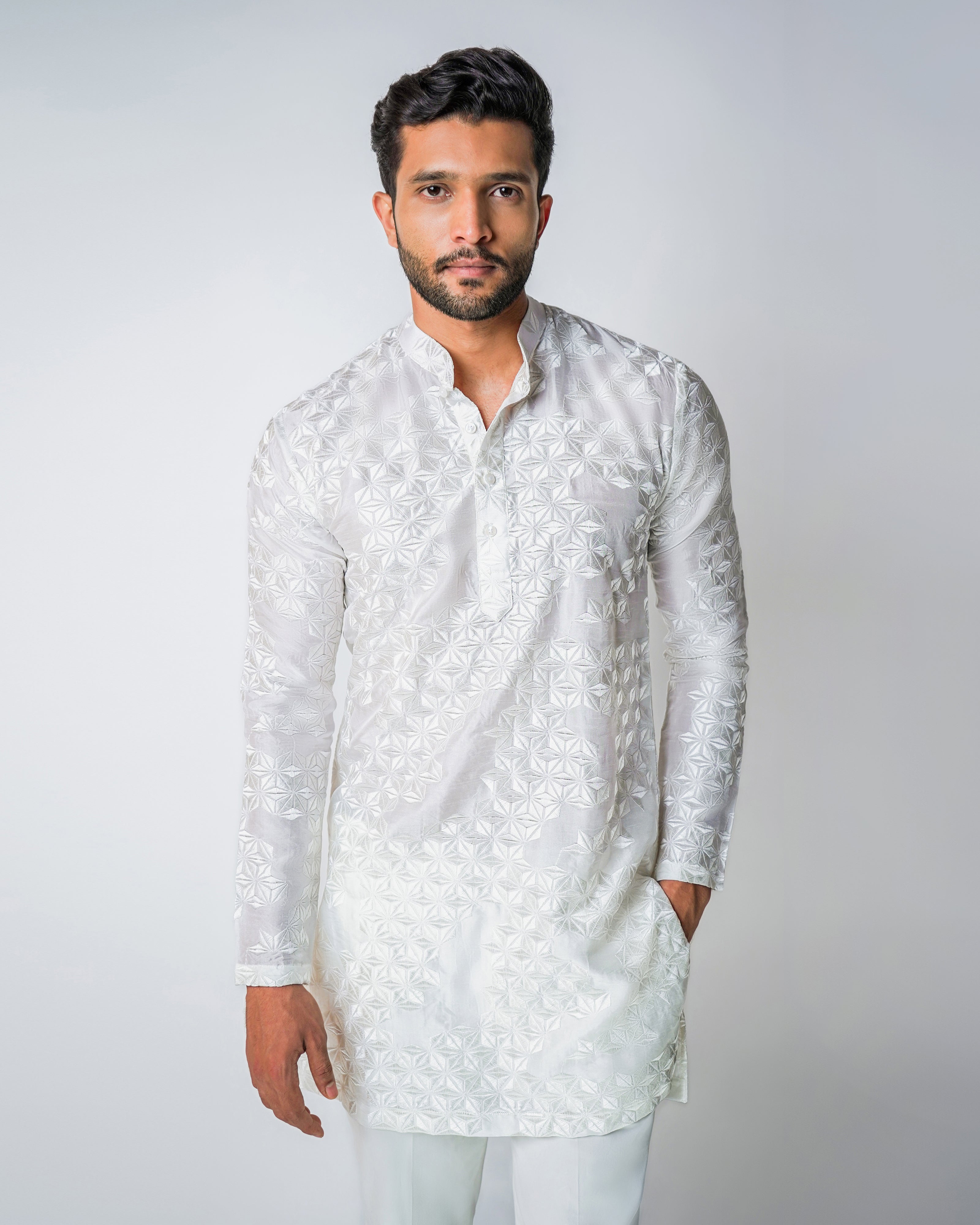 Ivory Geometric Self Embroidered Silk Kurta Set