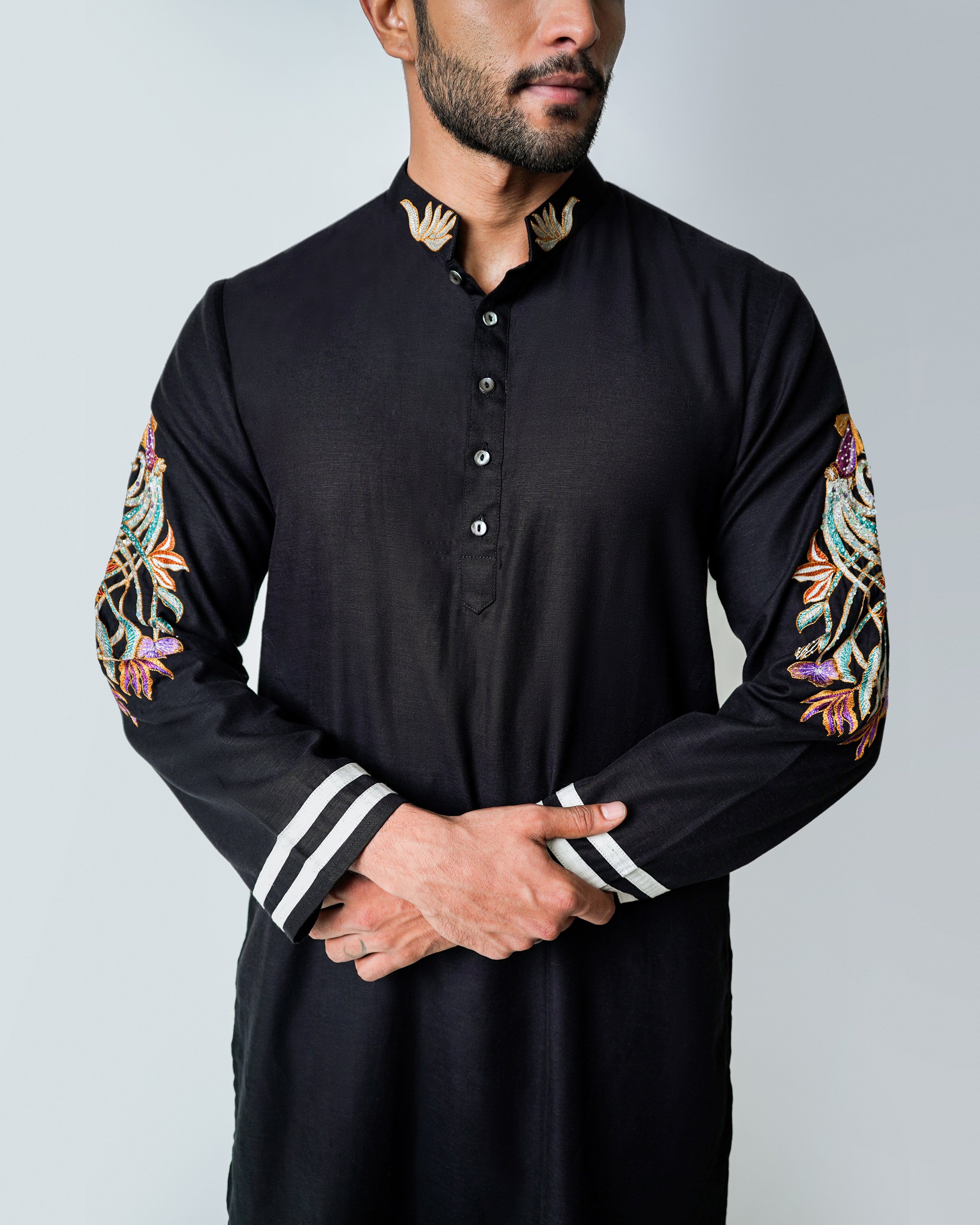 Black Tencel Flax Coral Embroidered Kurta set