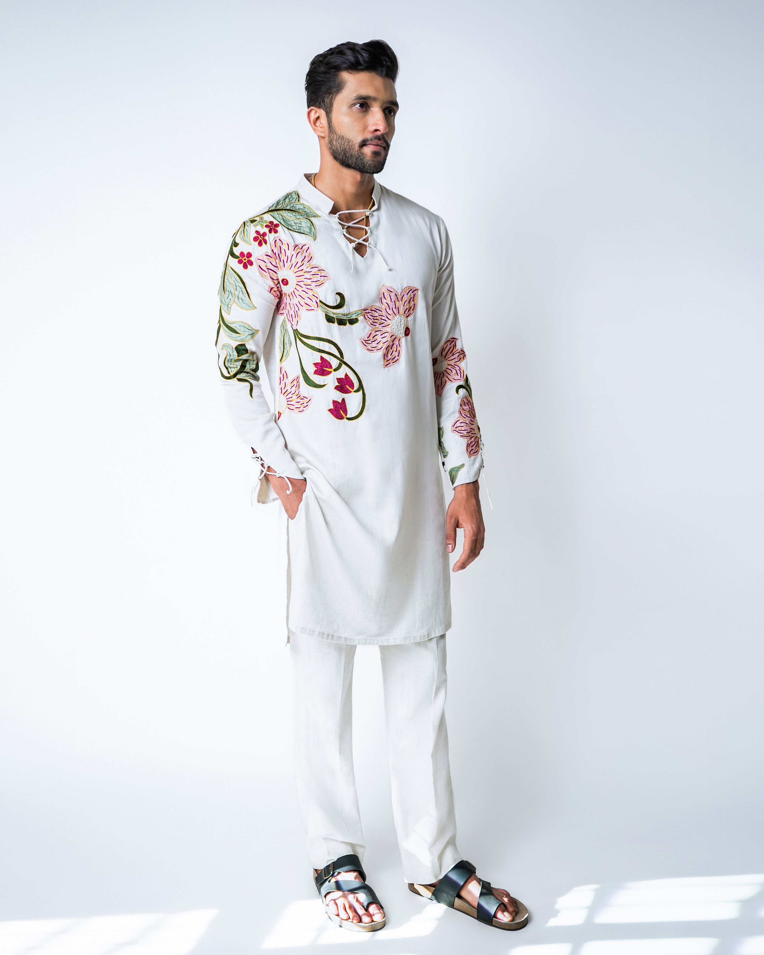 Cream Tencel Hand embroidered Kurta set