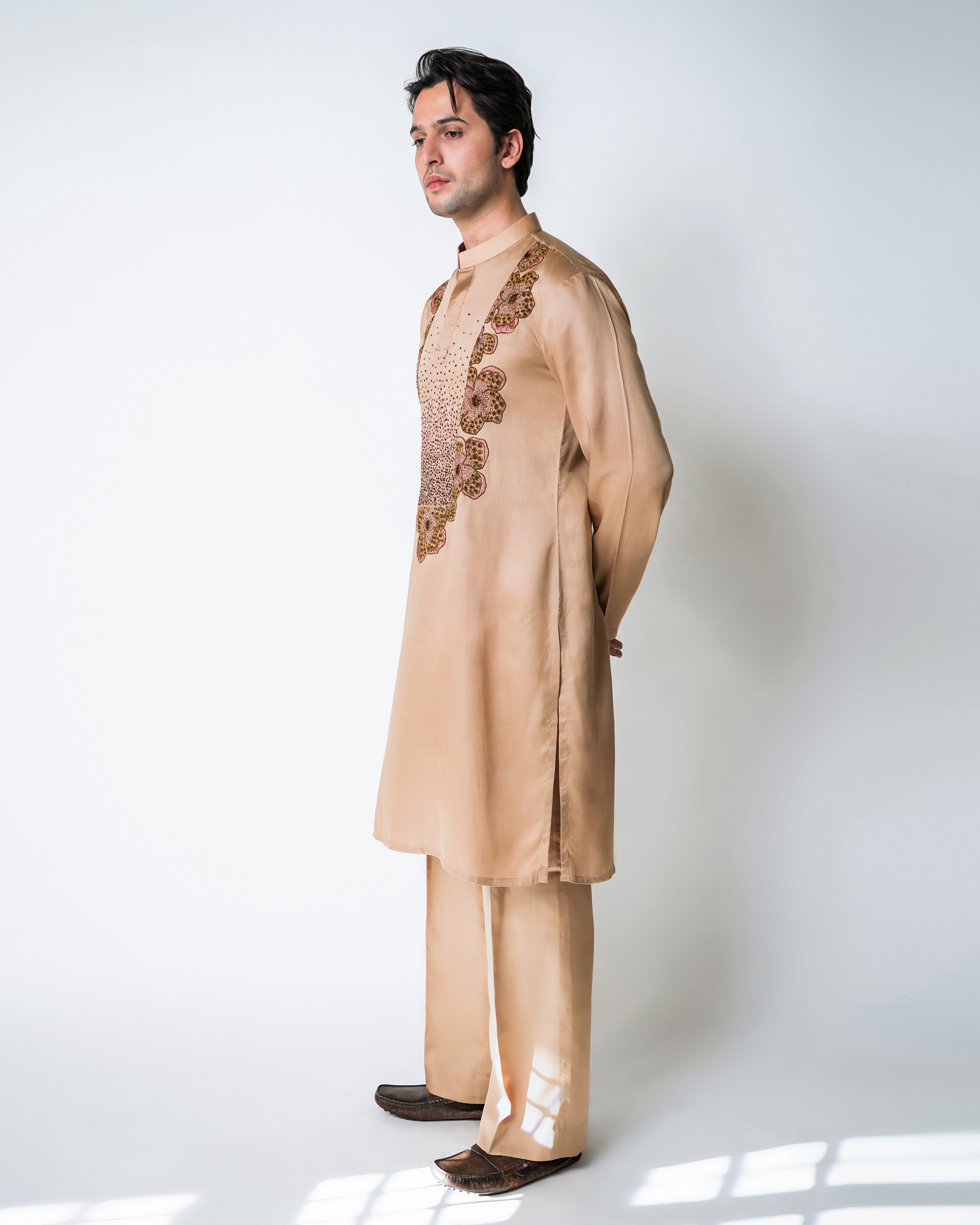Champagne Tencel Satin coral clusters kurta set