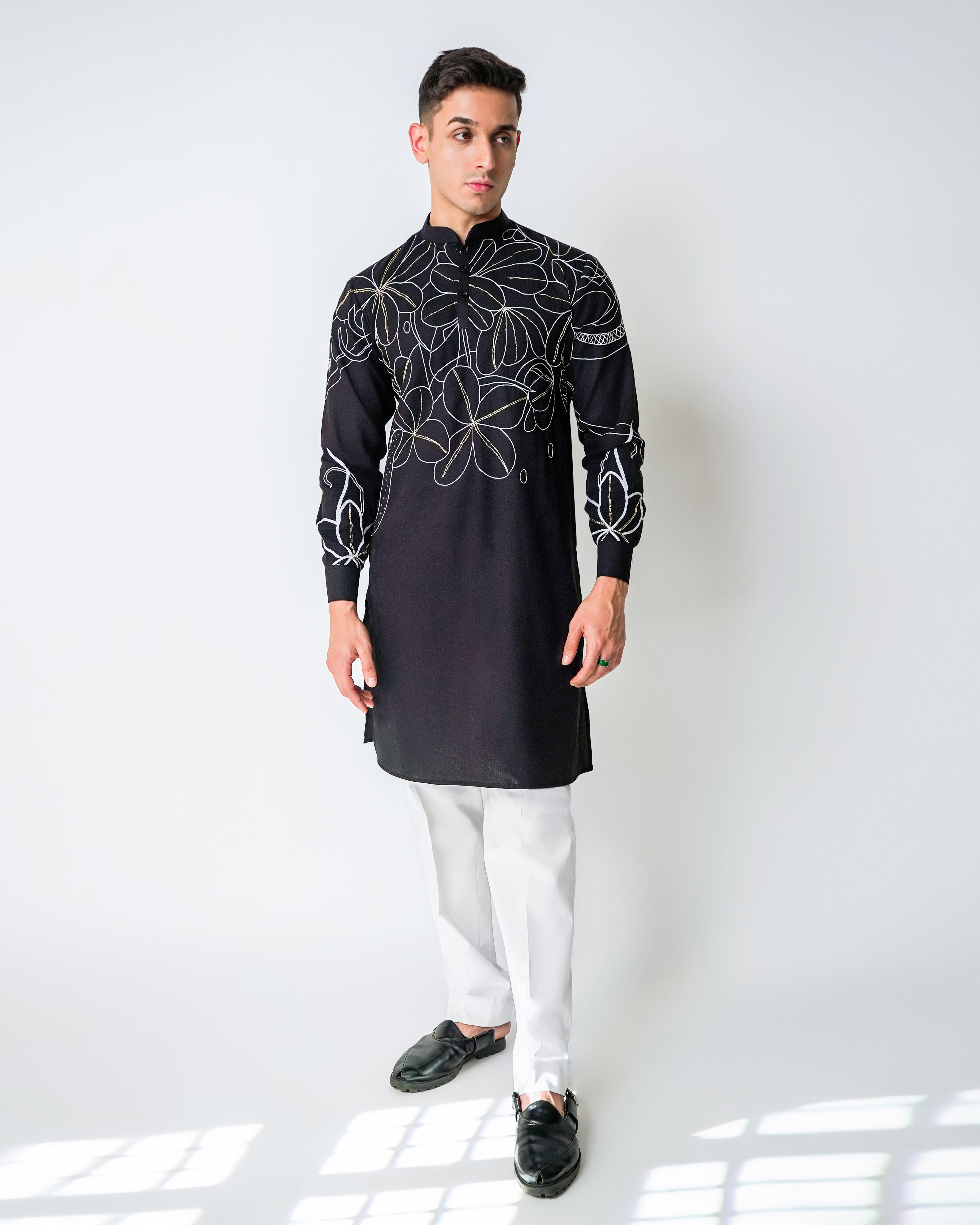 Black Tencel Kurta with lurec ocean florals Handwork kurta set