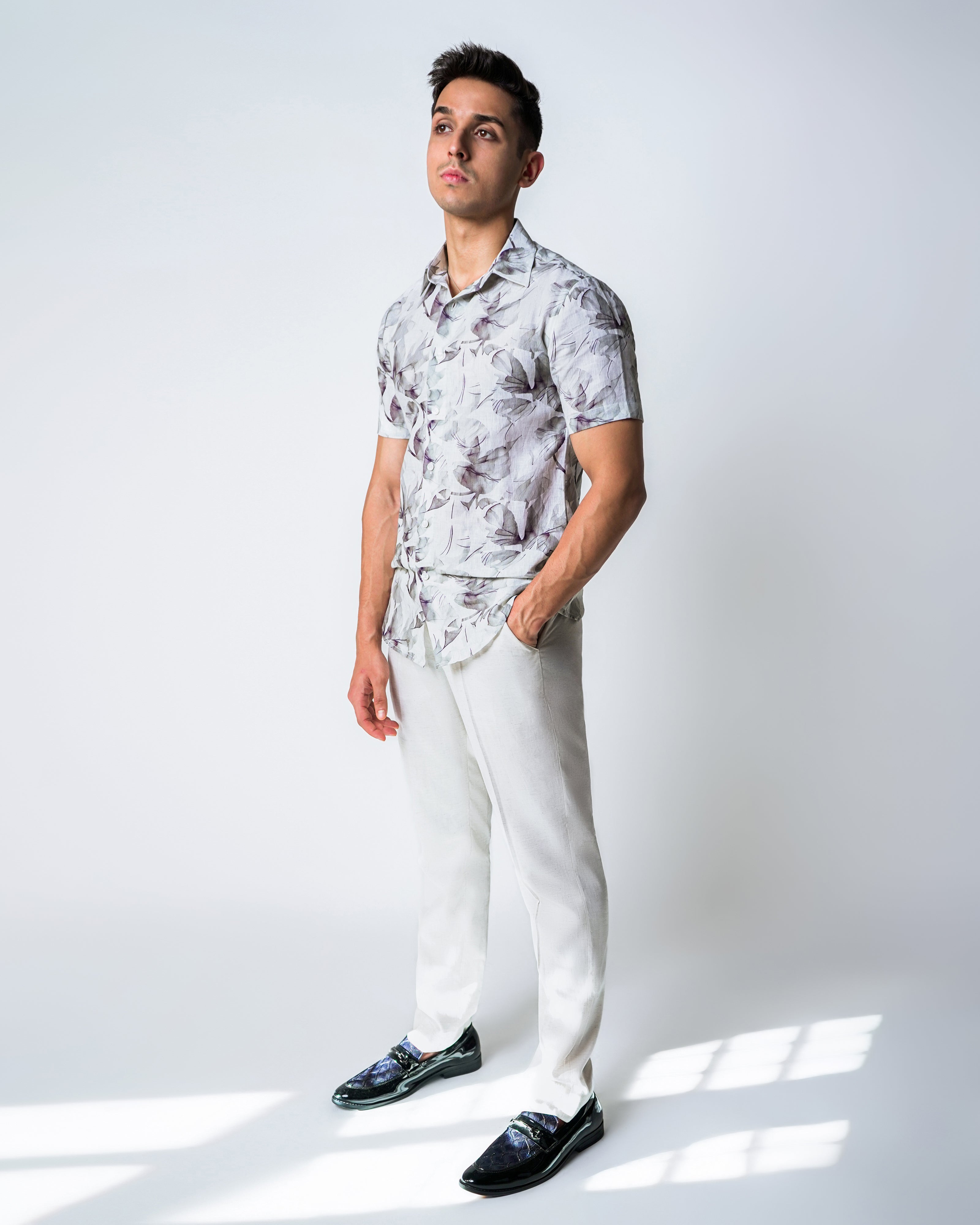 Cream and Grey Linen Floral Printed Shirt