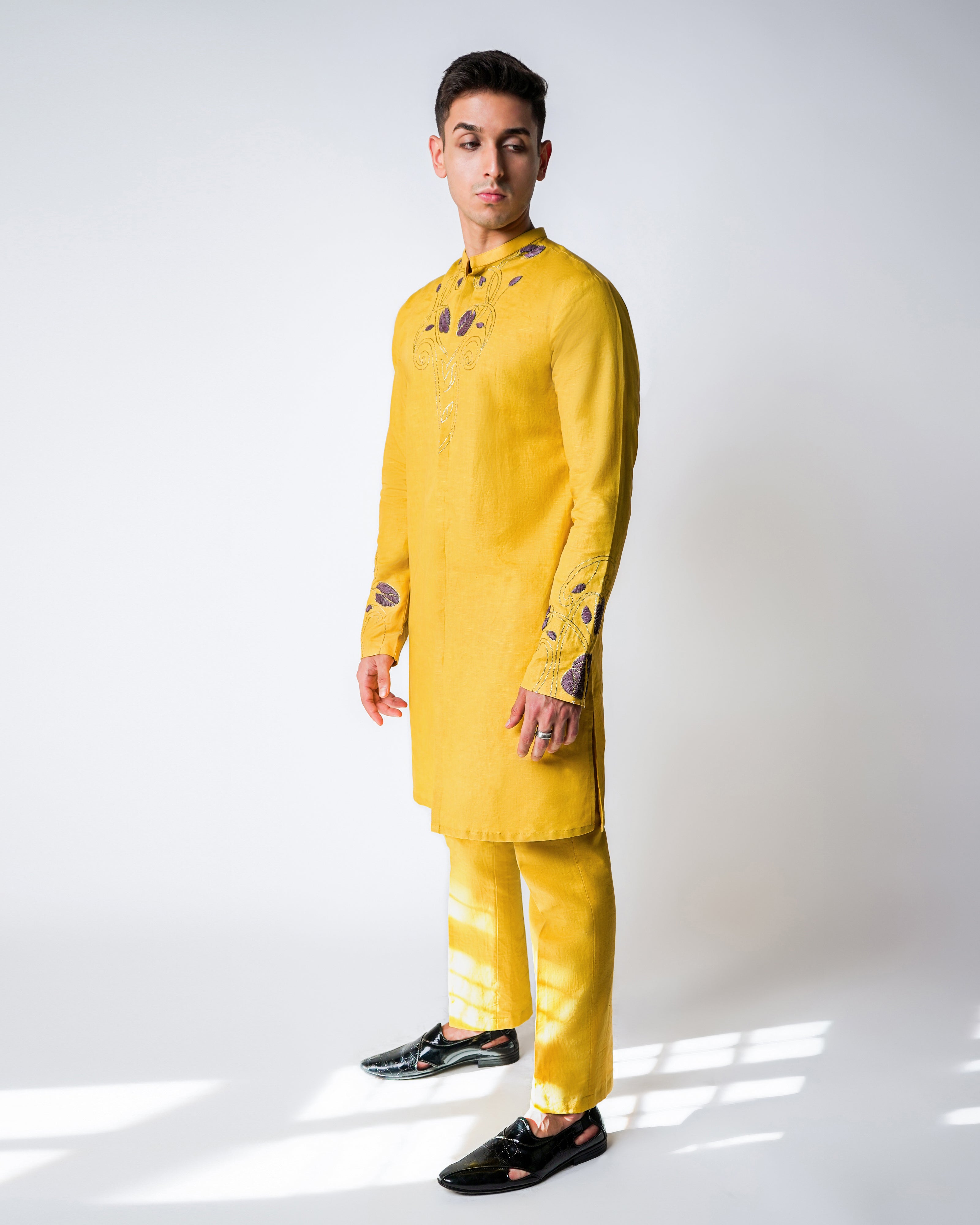 Haldi Yellow Linen with purple 3D Raffia and gold hammered Kasab Handwork kurta set
