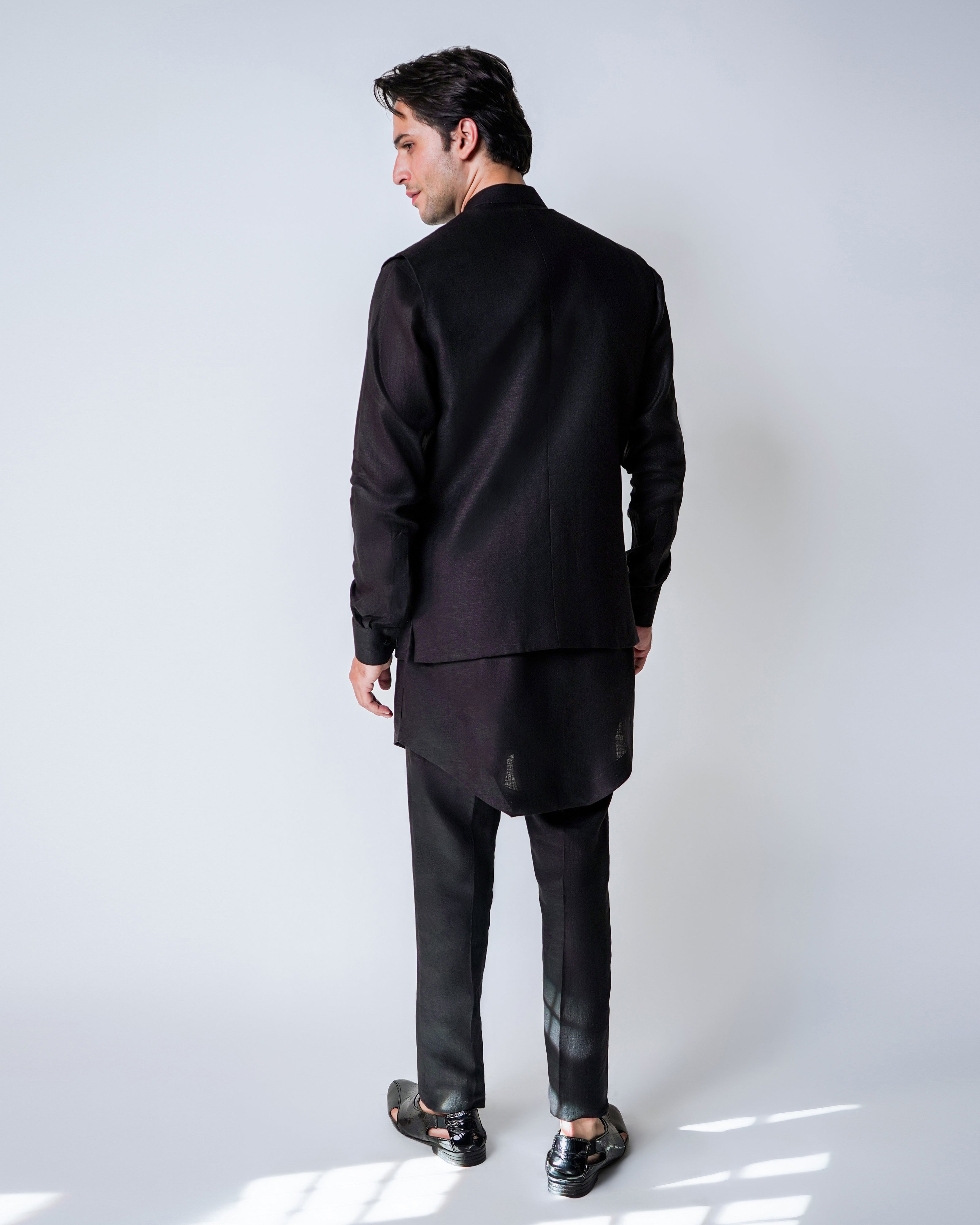 Black Linen Kasab and Metal Disk zipper Handwork bundi set