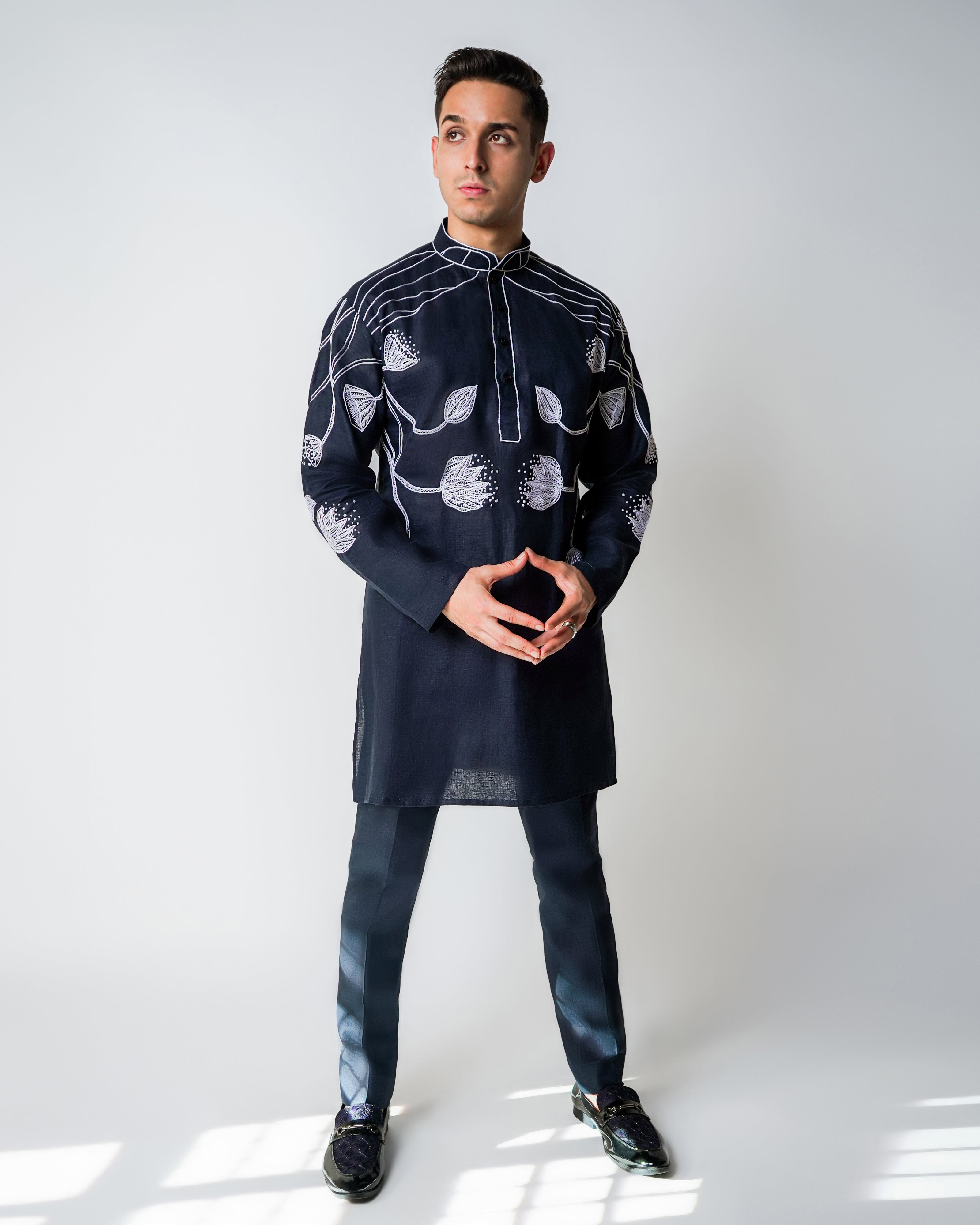 Navy Blue & White Linen Shaded French knot hand embroidery kurta set