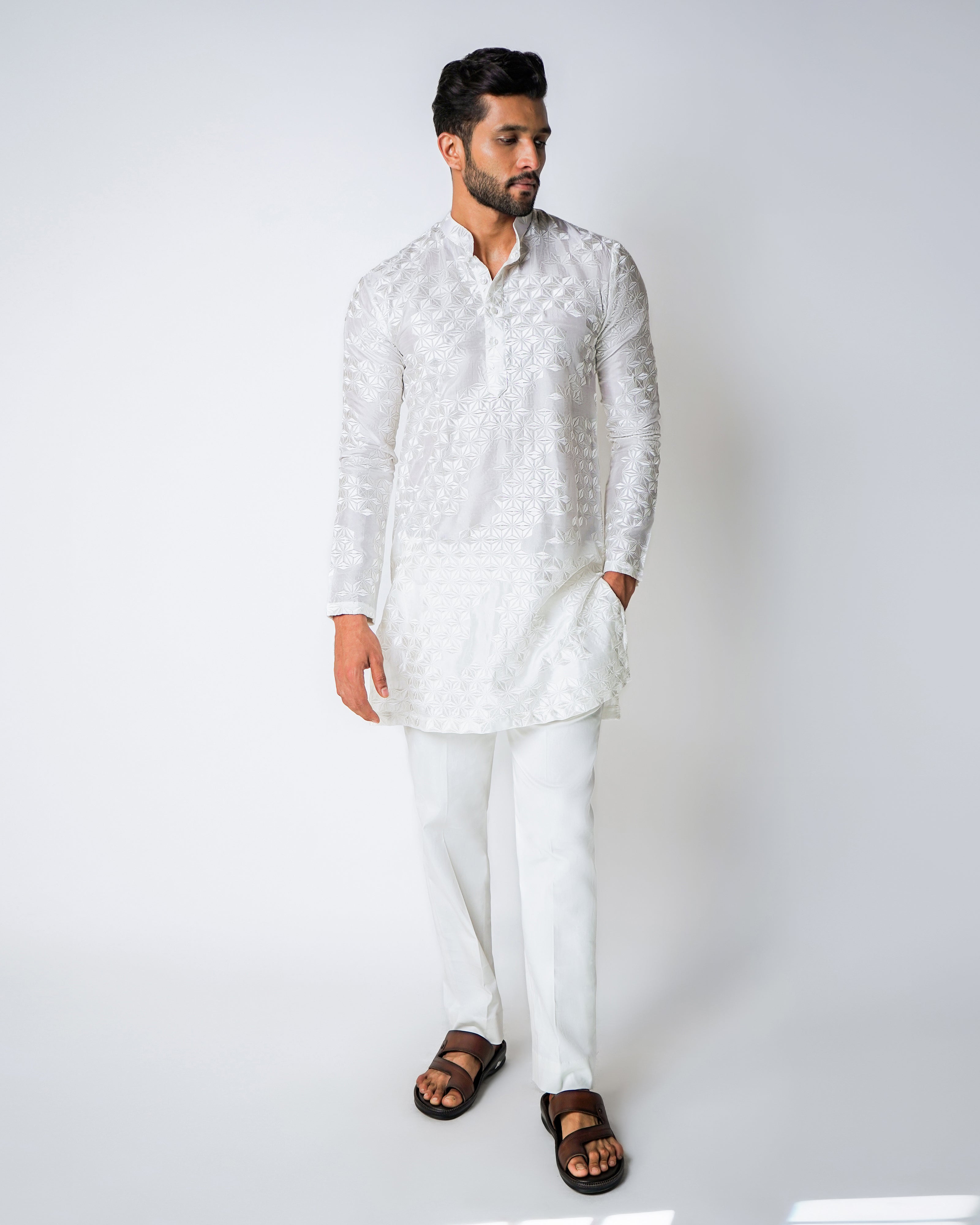 Ivory Geometric Self Embroidered Silk Kurta Set