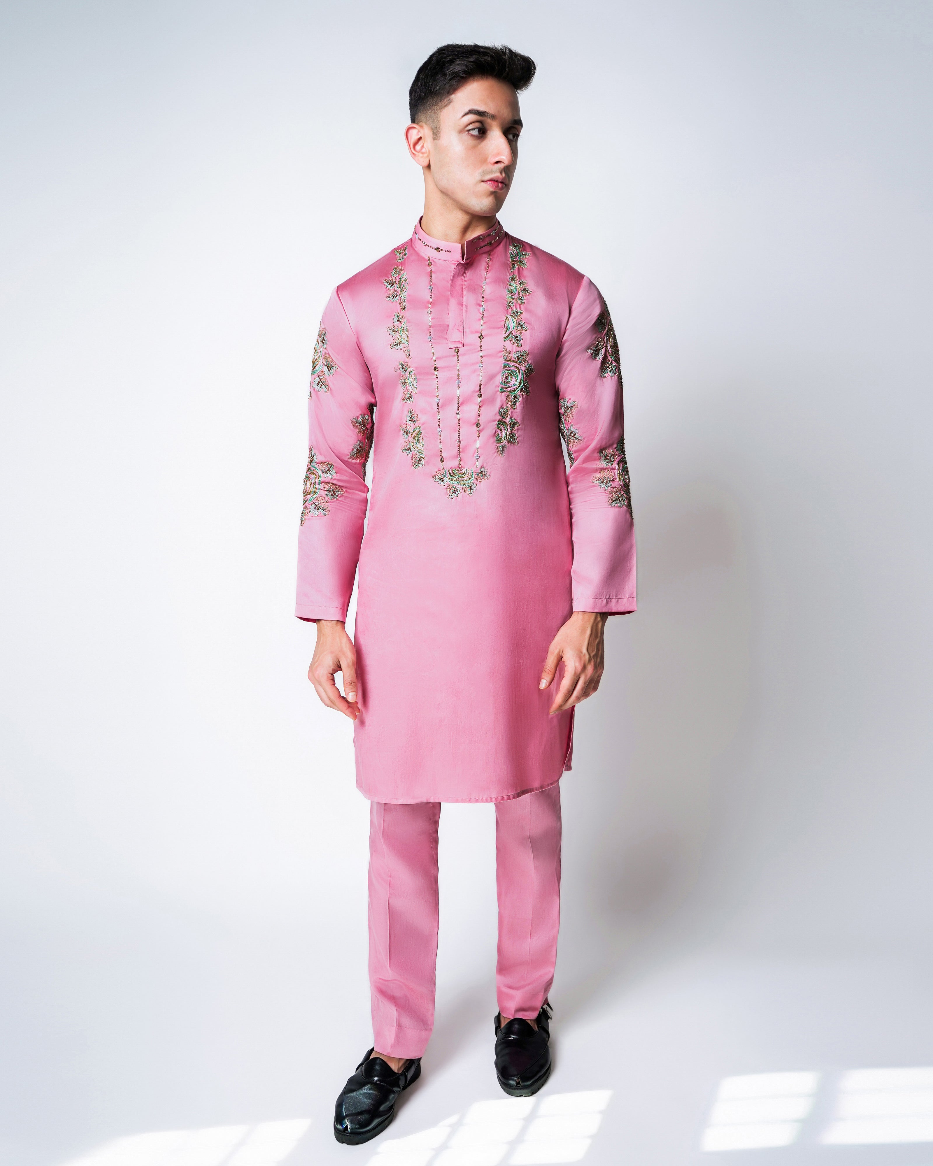 Pink Tencel Satin coral clusters kurta set