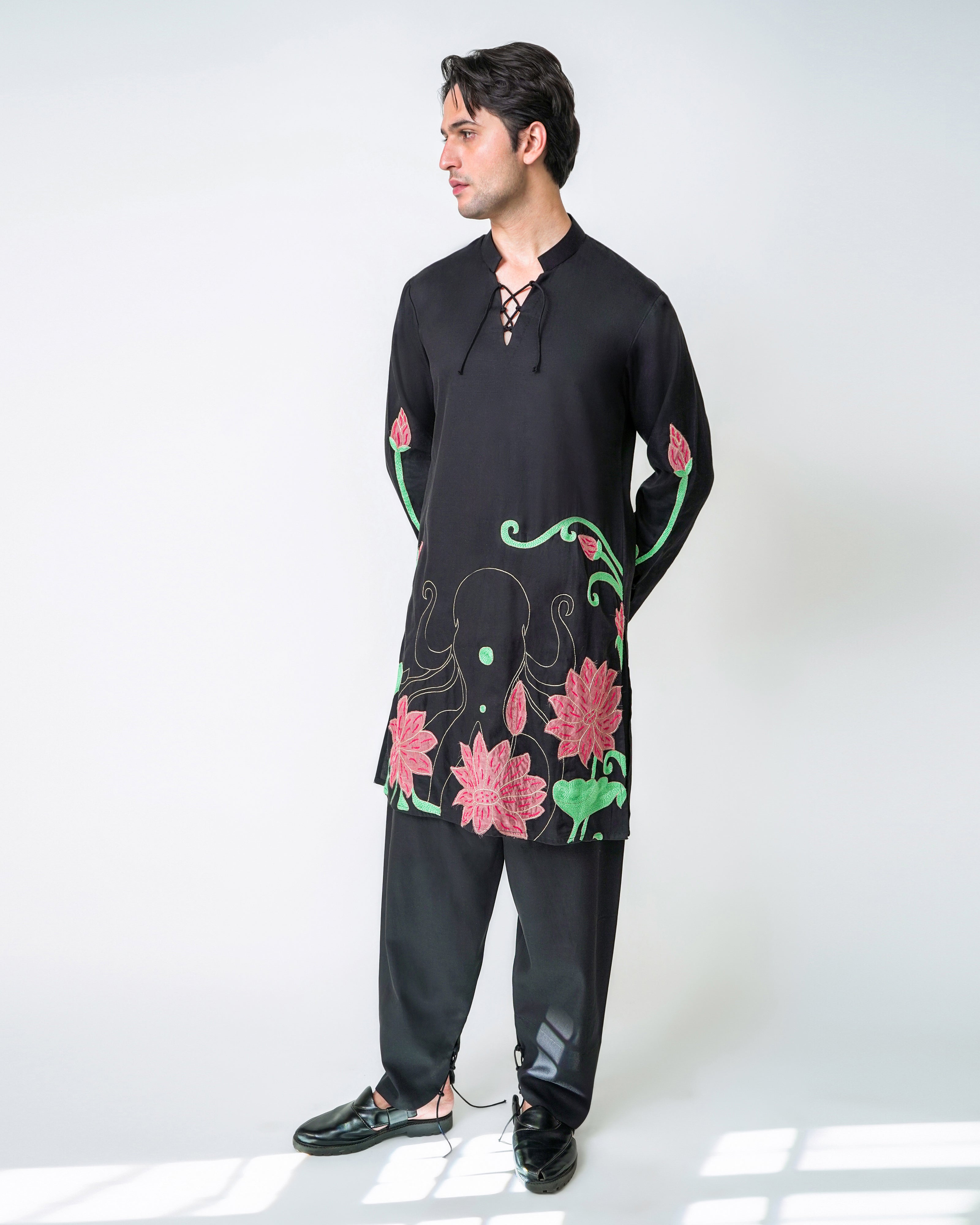 Black Tencel Hand embroidered Kurta set