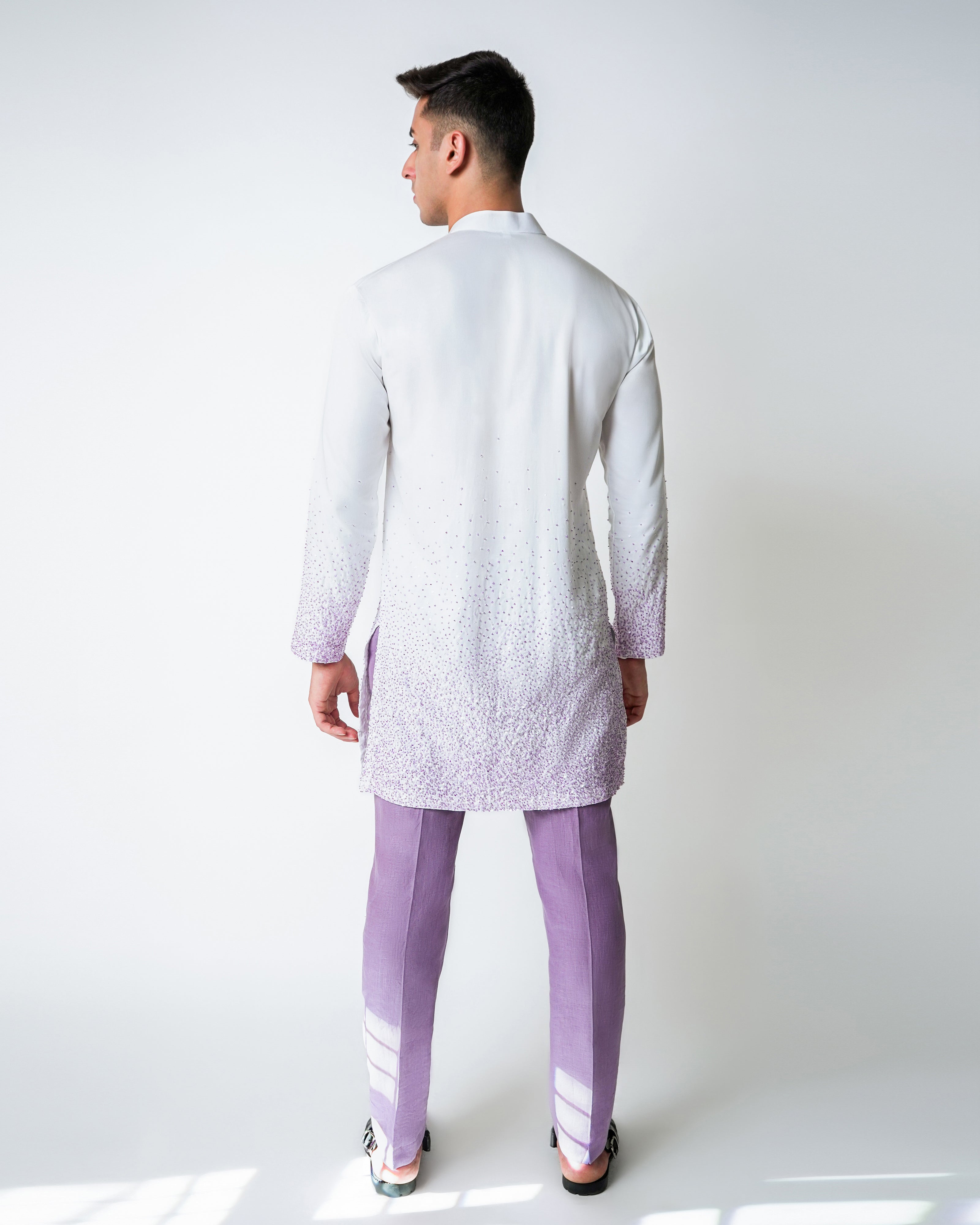 White Tencel Satin with Lilac Beads ombre handwork Kurta Set
