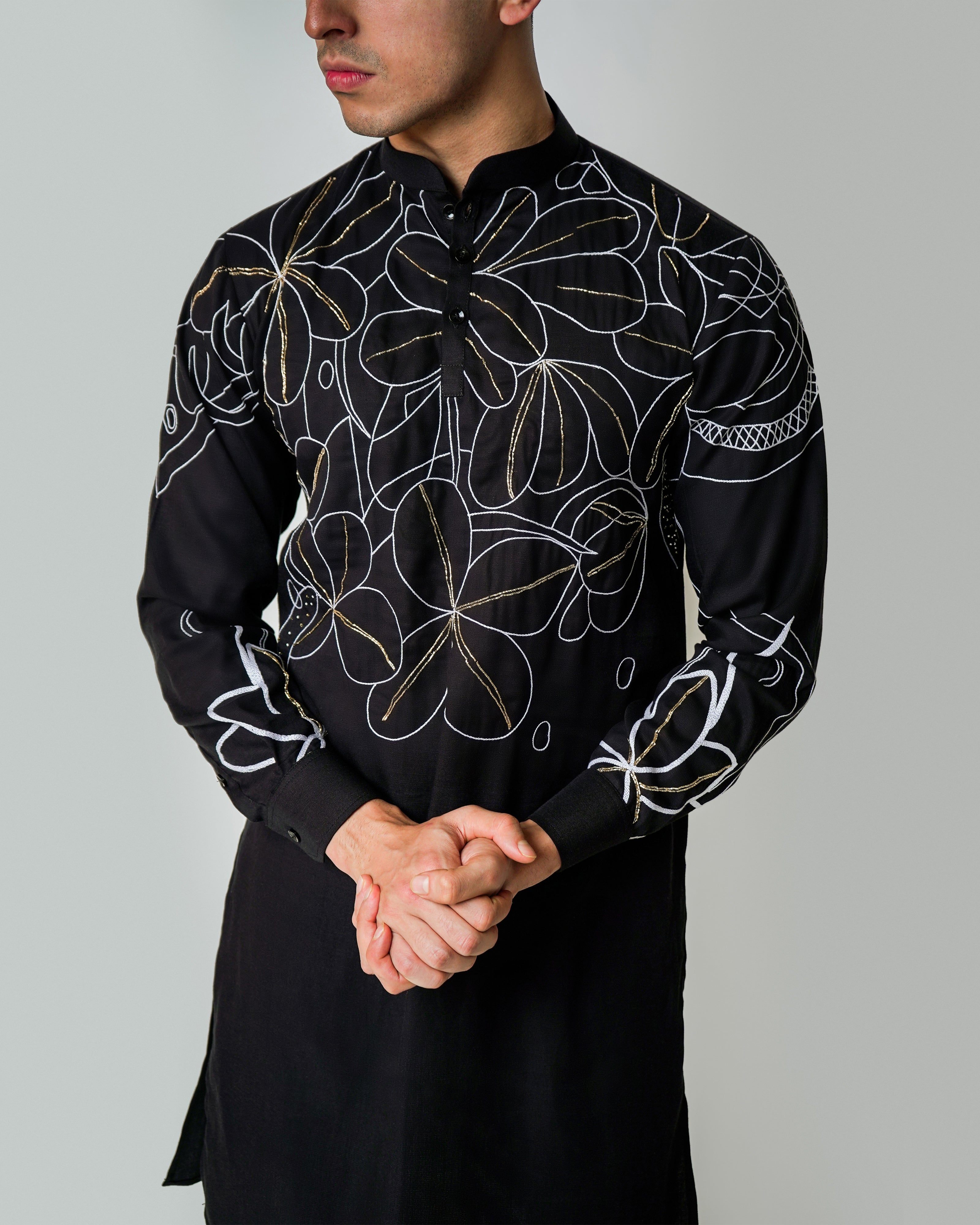 Black Tencel Kurta with lurec ocean florals Handwork kurta set