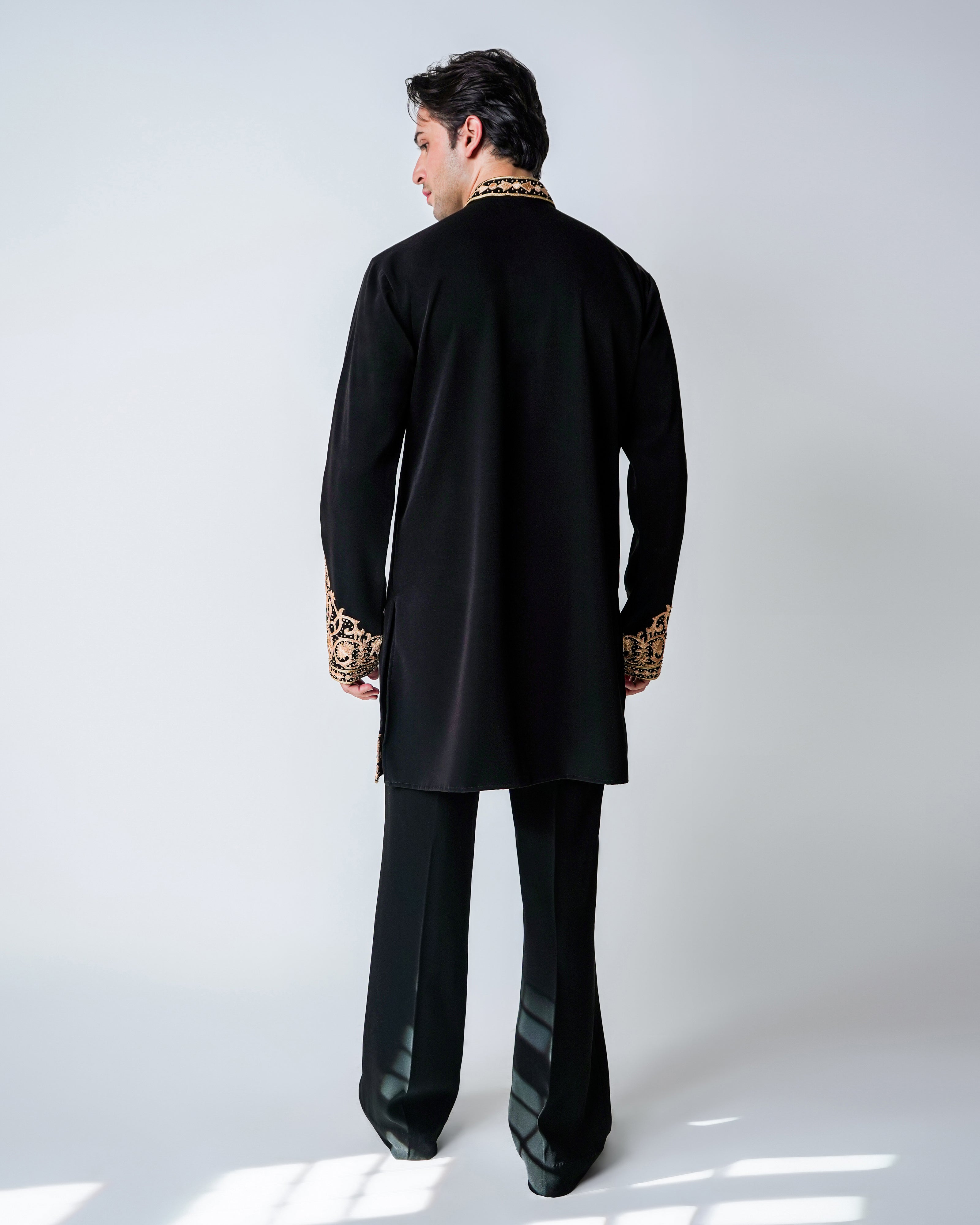 Imperial Noir - Black Wrinkle free Viscose with gold silk hand embroidery kurta set