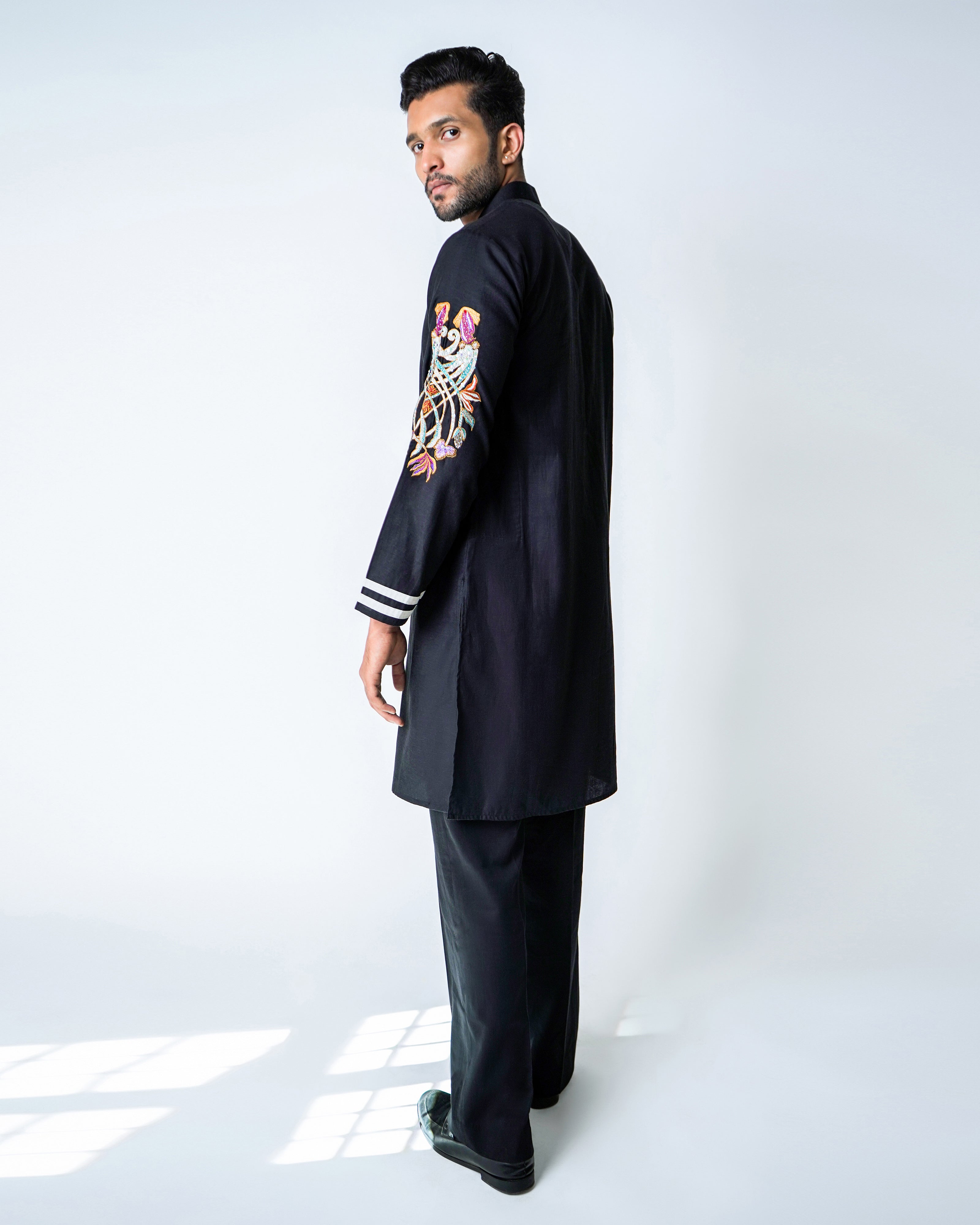 Black Tencel Flax Coral Embroidered Kurta set