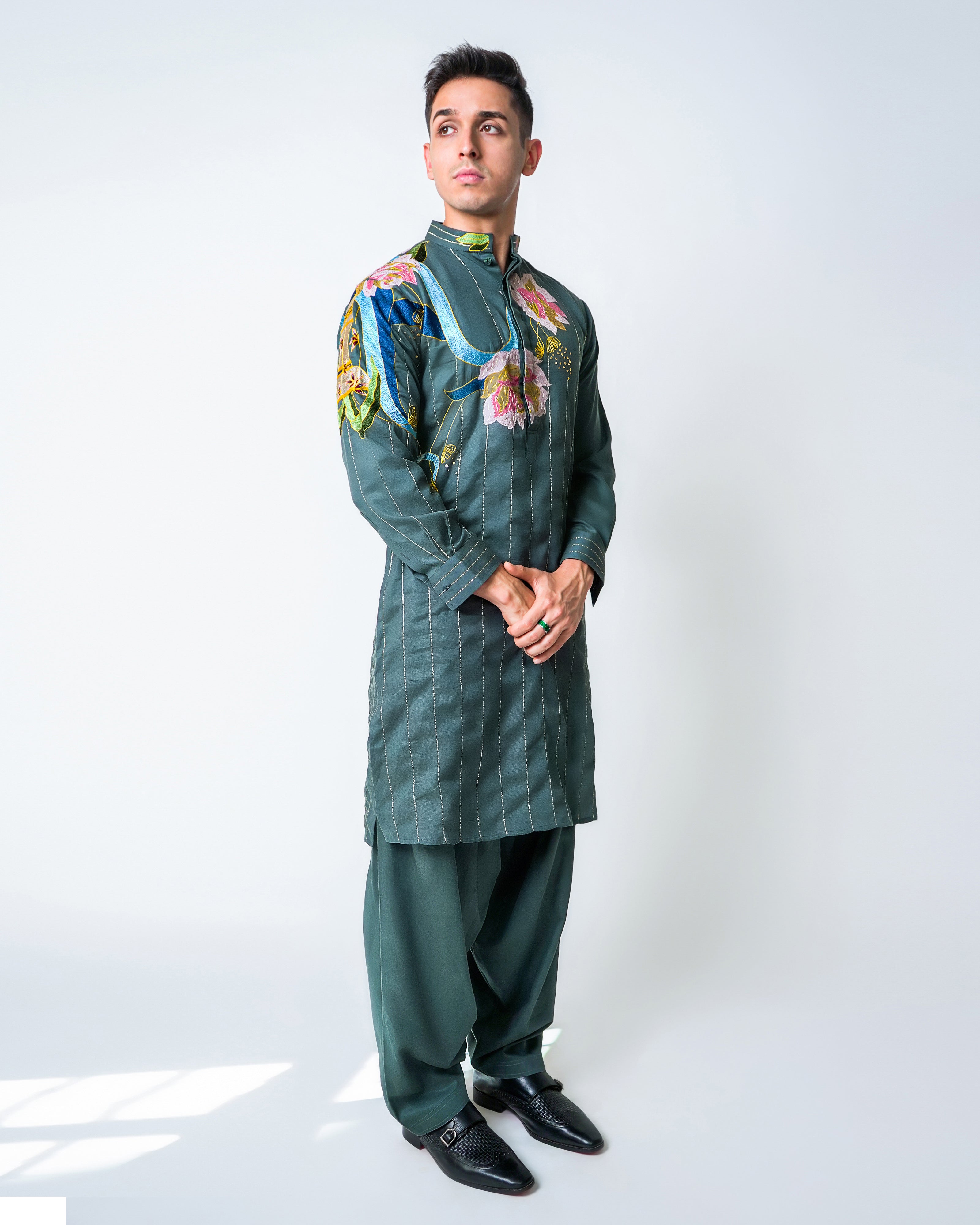 Forest Green Tencel, Suede Applique and Lurex Stripe Kurta set