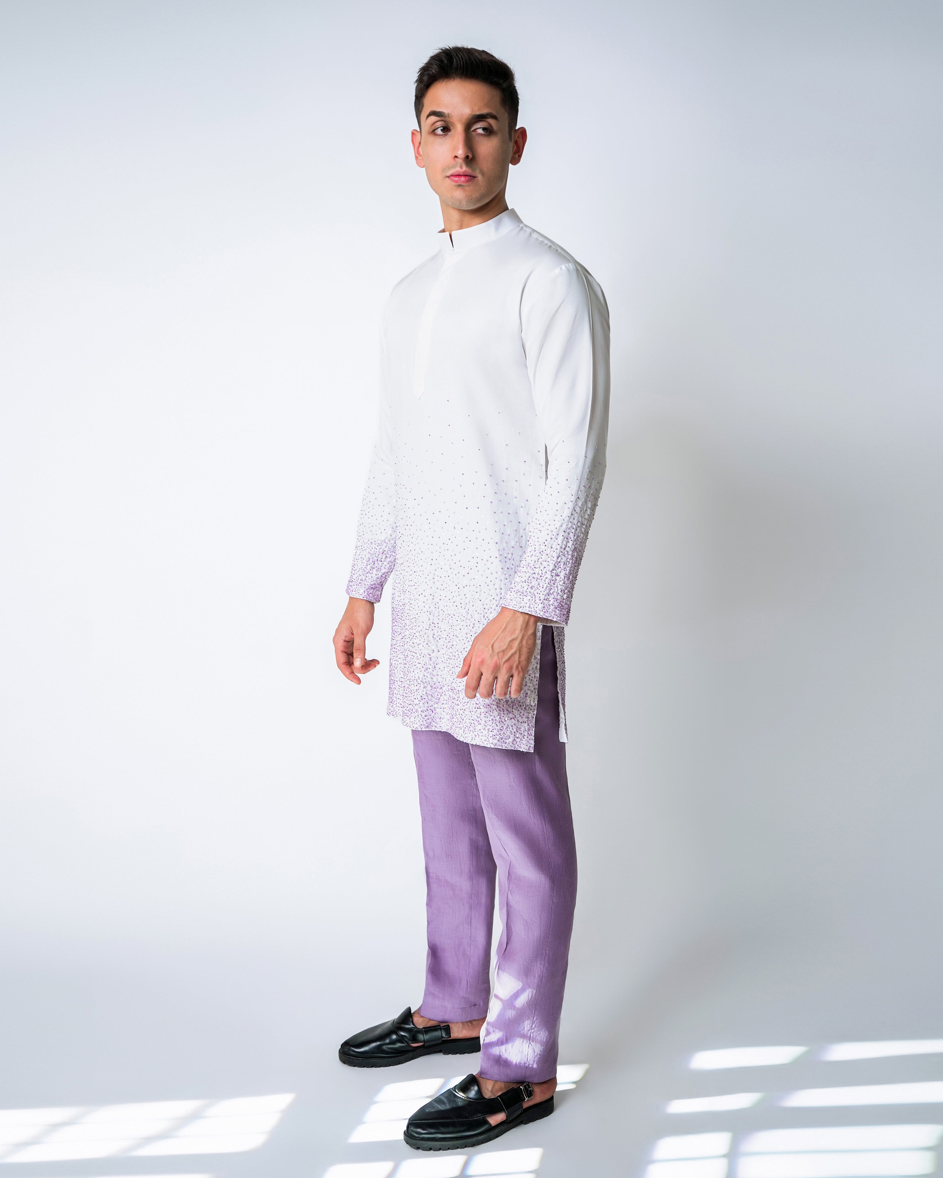 White Tencel Satin with Lilac Beads ombre handwork Kurta Set