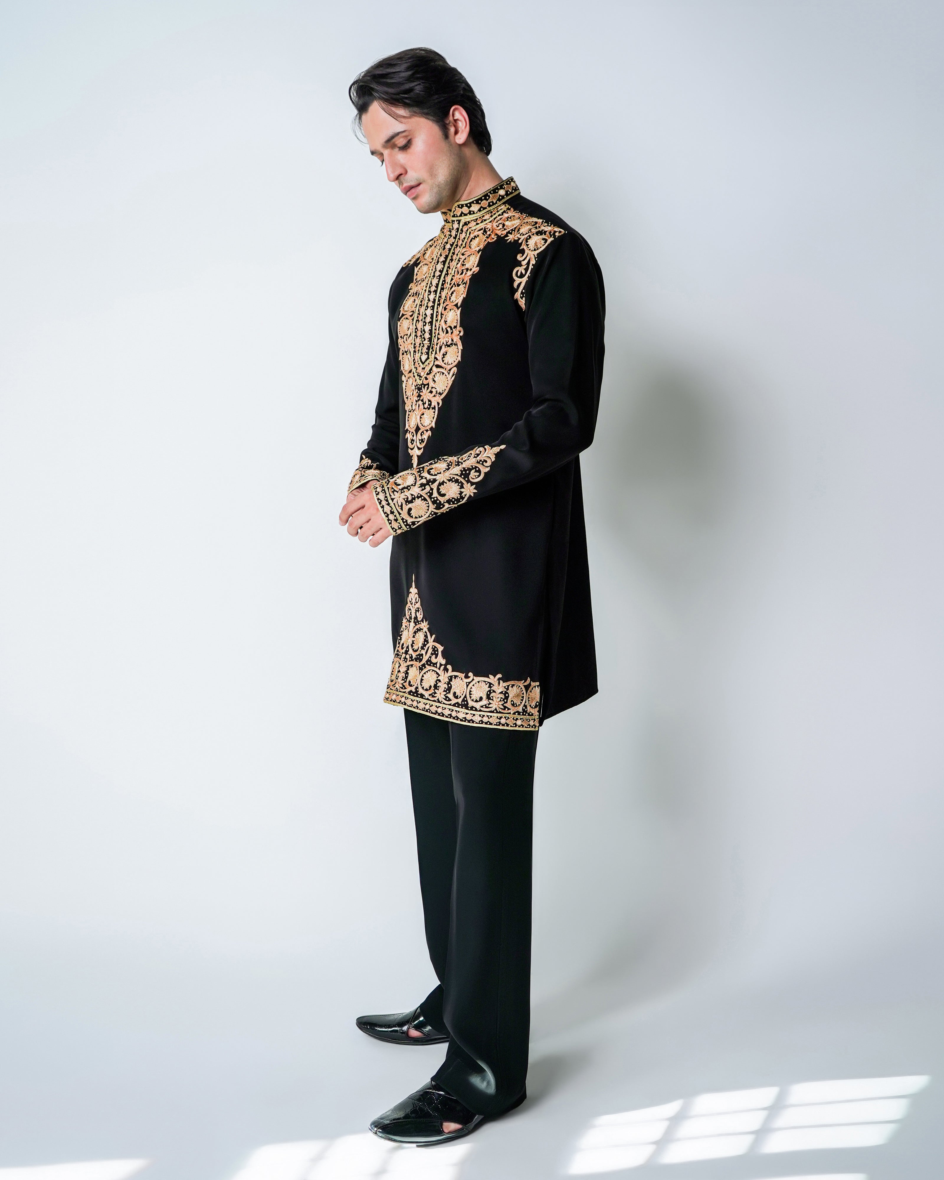 Imperial Noir - Black Wrinkle free Viscose with gold silk hand embroidery kurta set