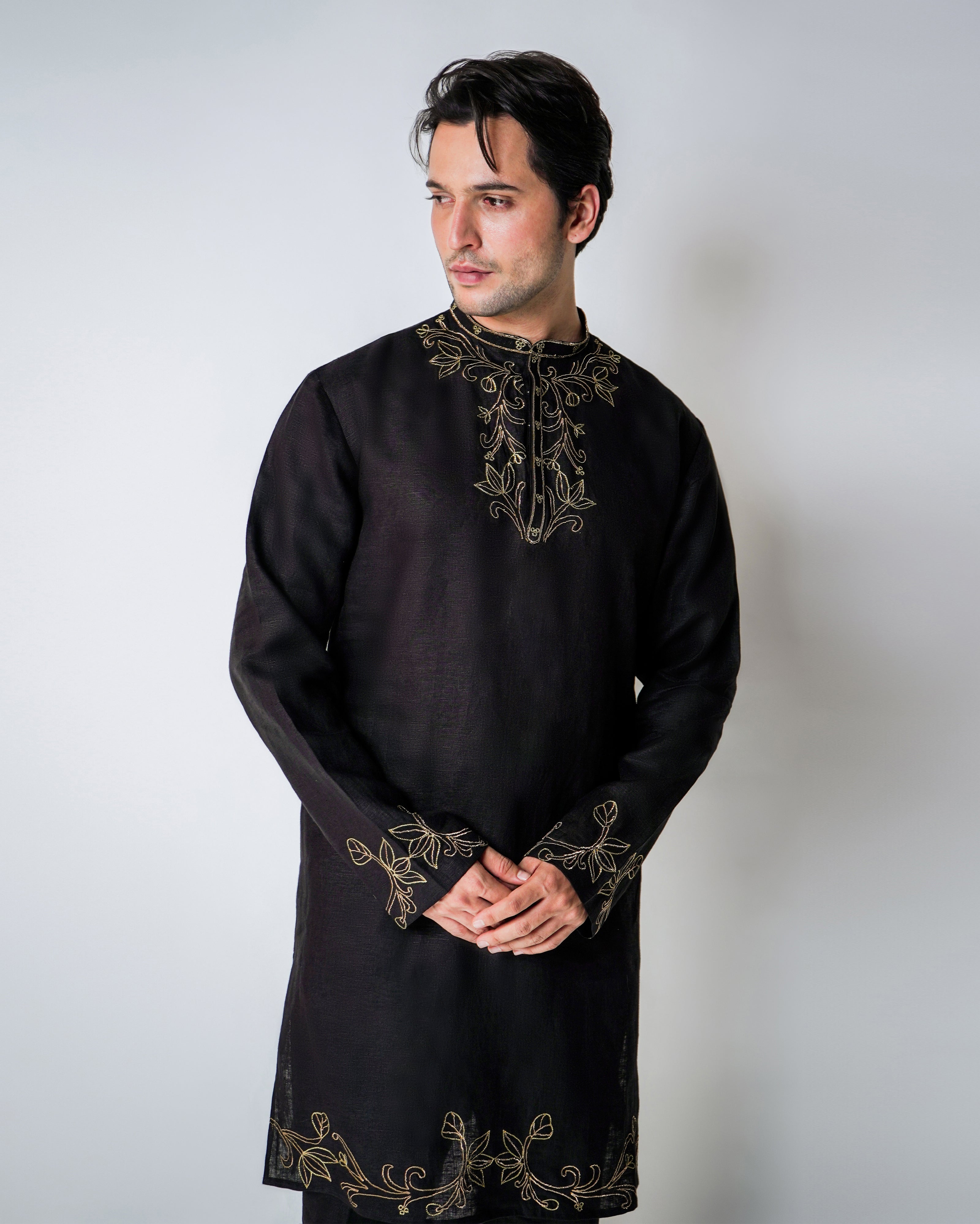 Black Linen Gold Dori Handwork Kurta Set