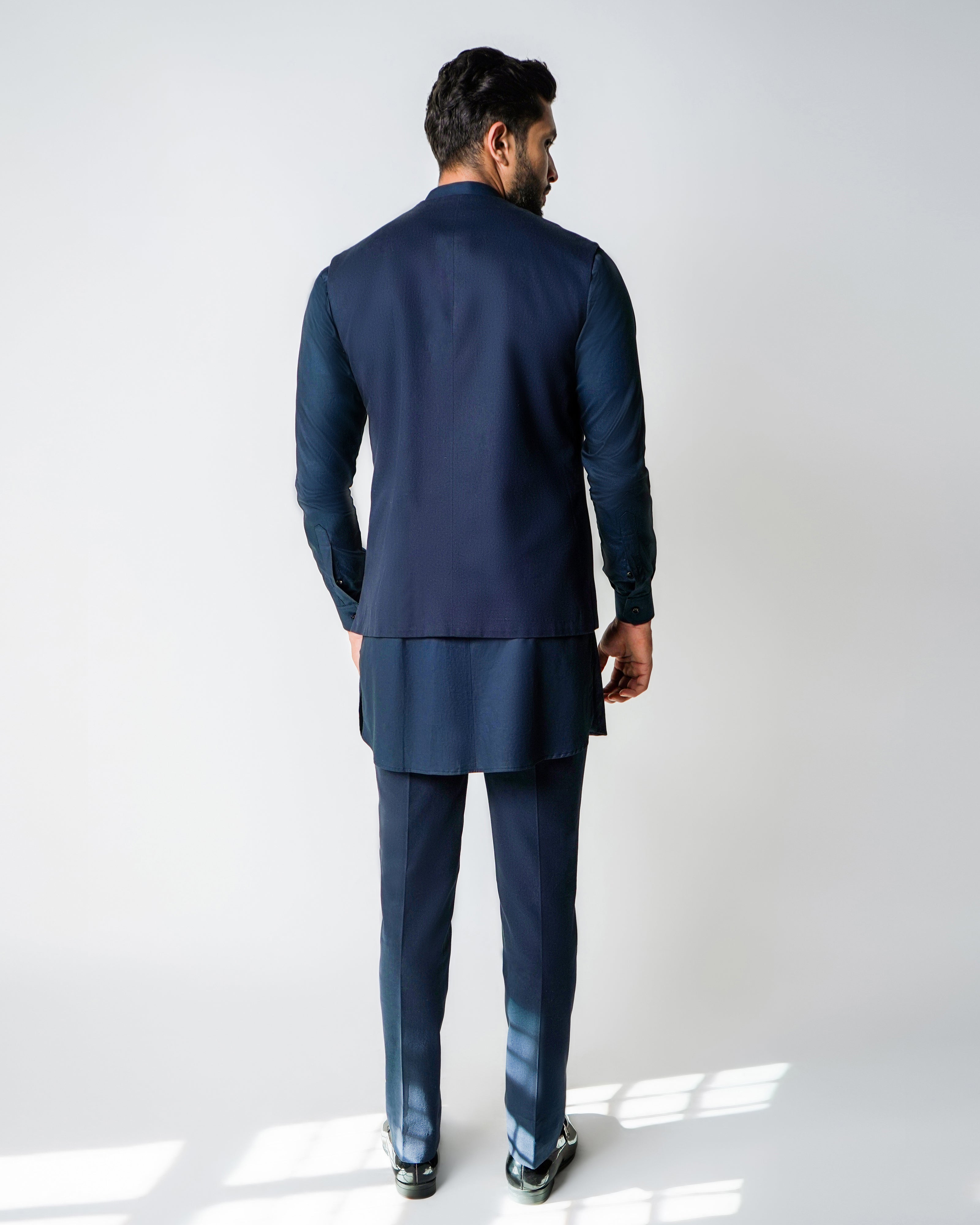 Midnight Sakura - Navy Blue and gold Linen with Kasab Dori Handwork bundi set