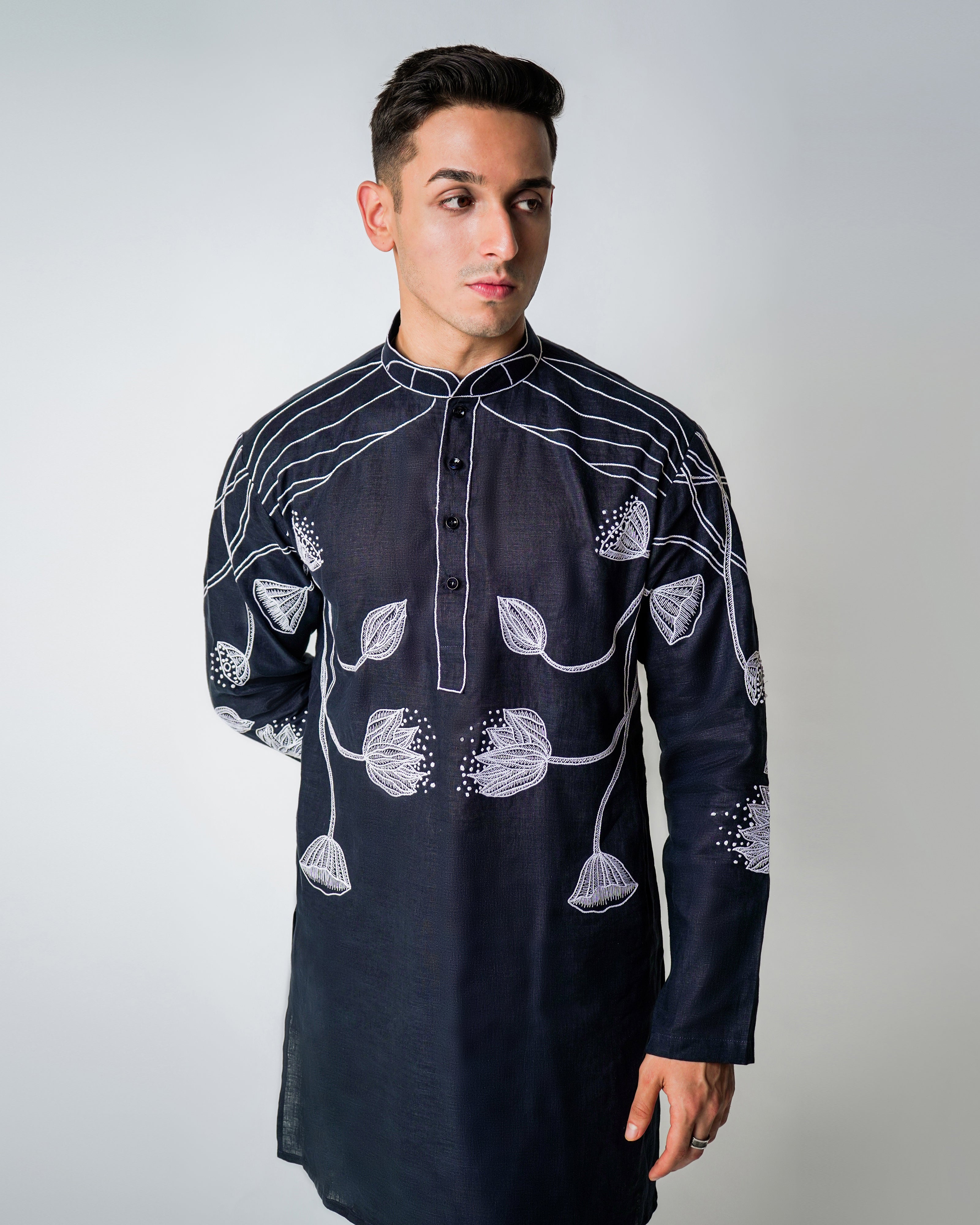 Navy Blue & White Linen Shaded French knot hand embroidery kurta set