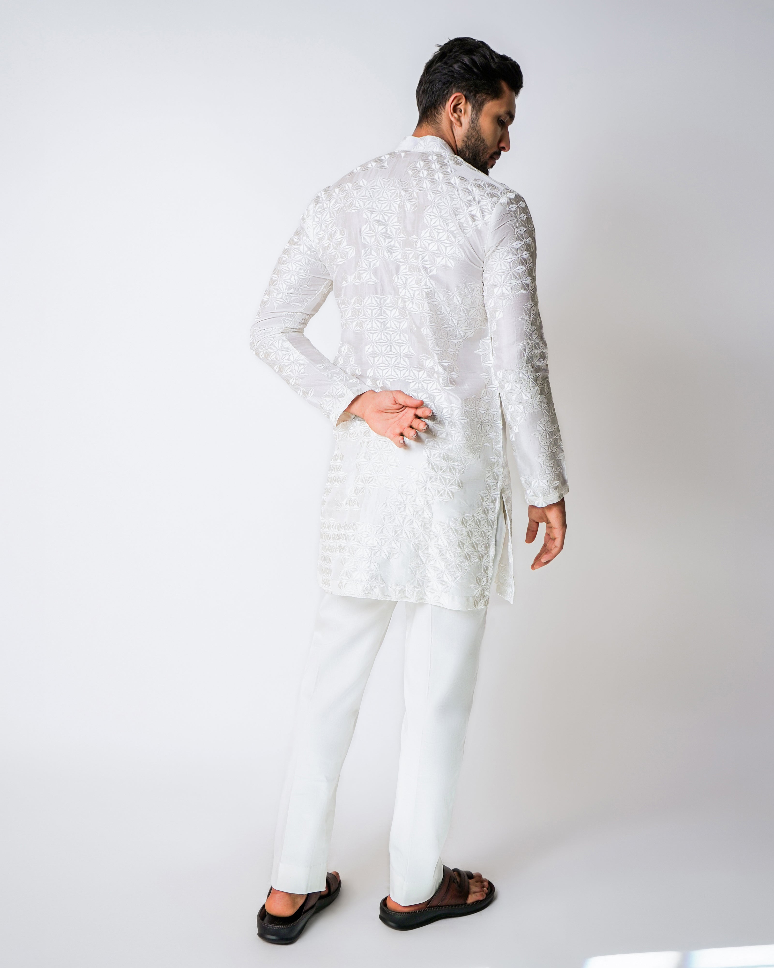 Ivory Geometric Self Embroidered Silk Kurta Set