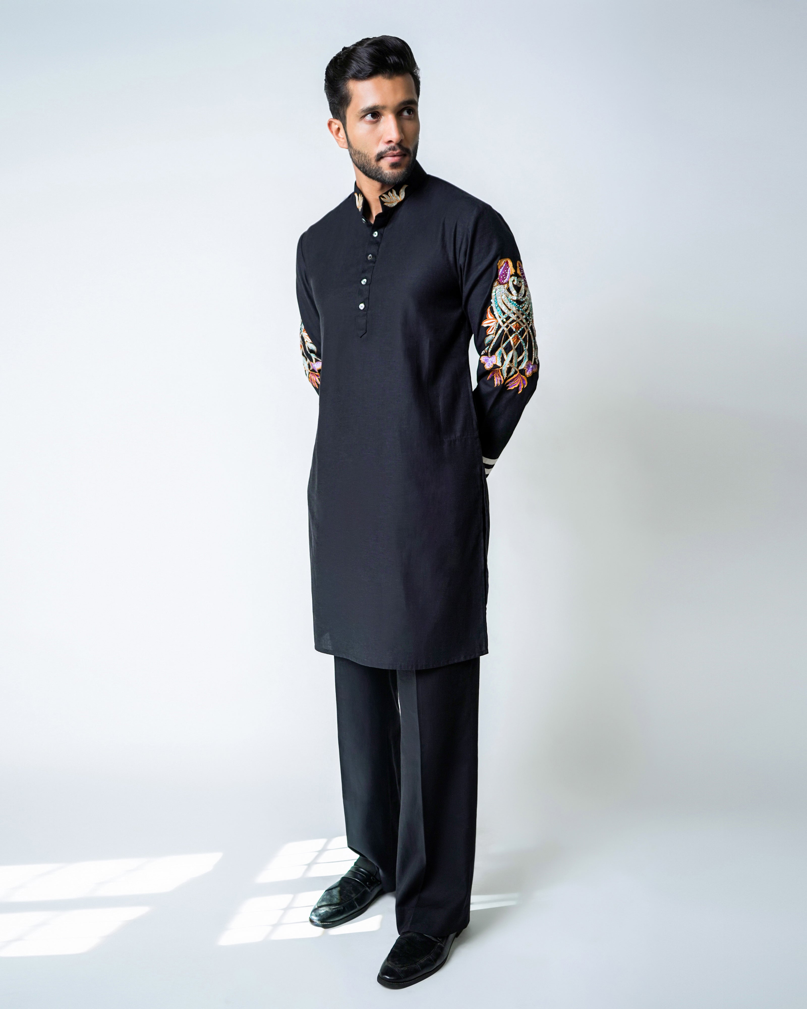 Black Tencel Flax Coral Embroidered Kurta set